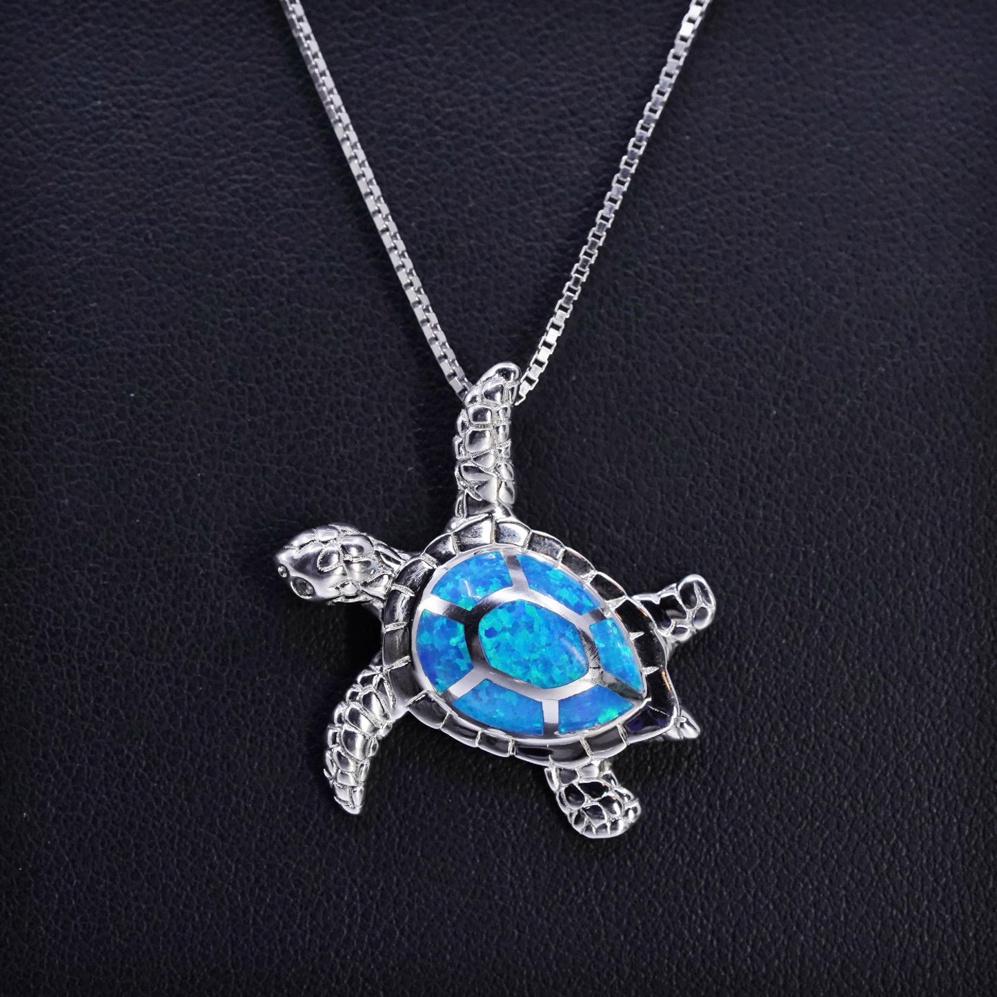 18", VTG Sterling 925 silver handmade box chain necklace opal turtle pendant