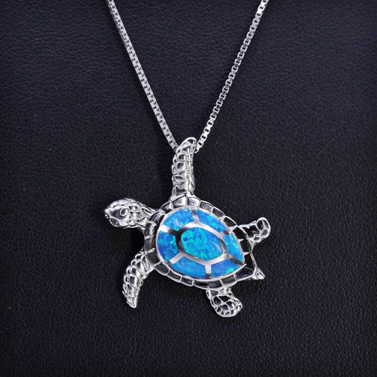 18", VTG Sterling 925 silver handmade box chain necklace opal turtle pendant