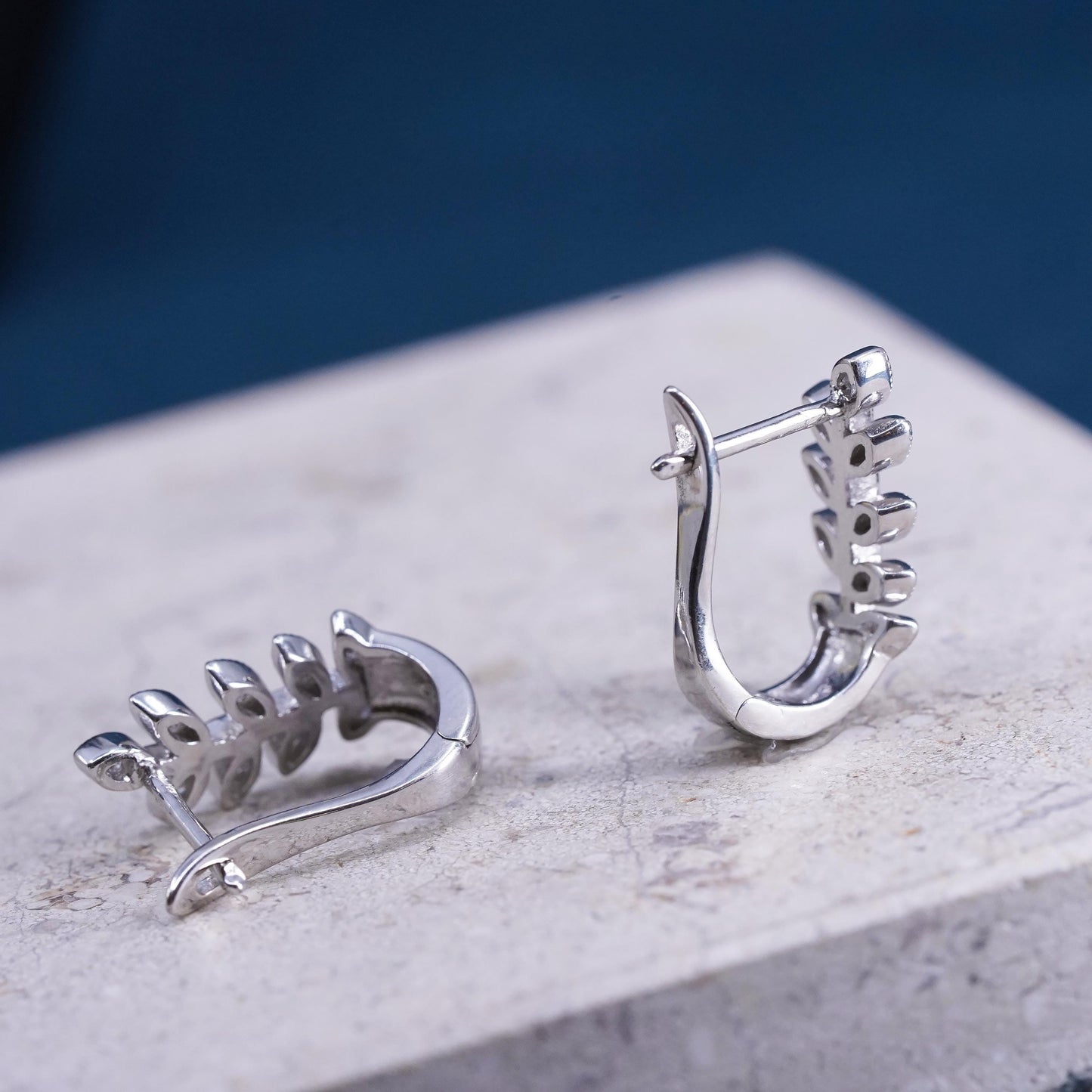 0.75", vintage Sterling silver handmade earrings, 925 leaf huggie hoops with cz
