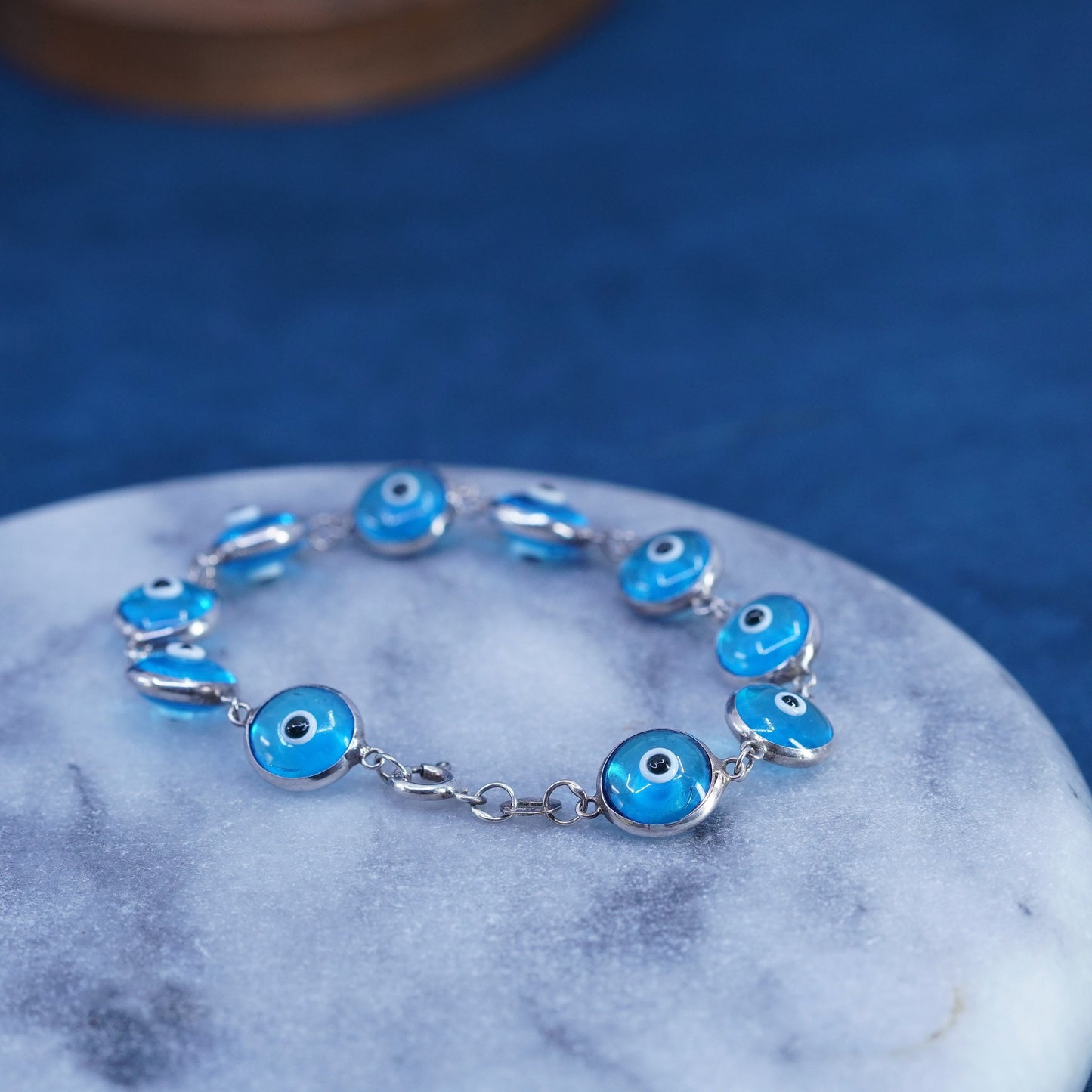 6.5”, Vintage handmade sterling 925 silver bracelet, blue glass evil eye beads
