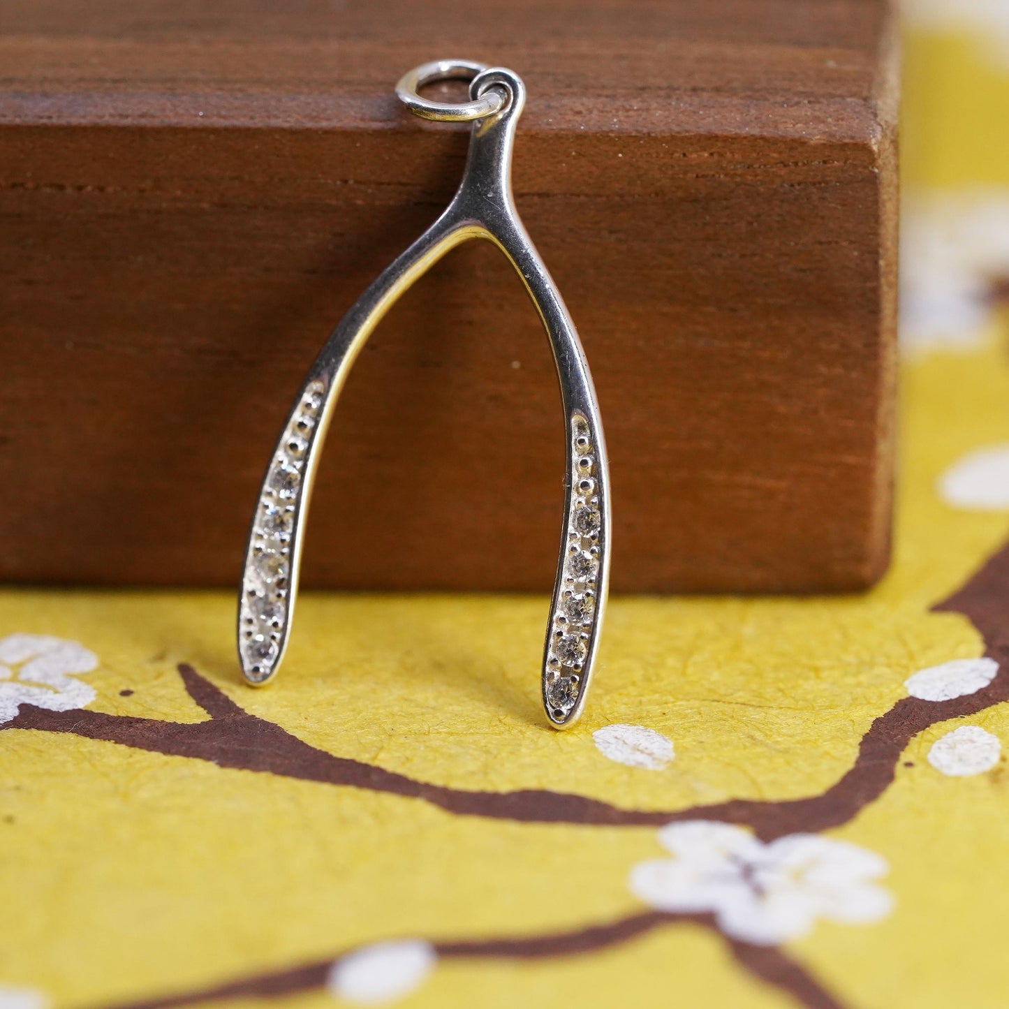 Vintage Sterling Silver 925 Wishbone Pendant Clear CZ Lucky Charm Good Luck