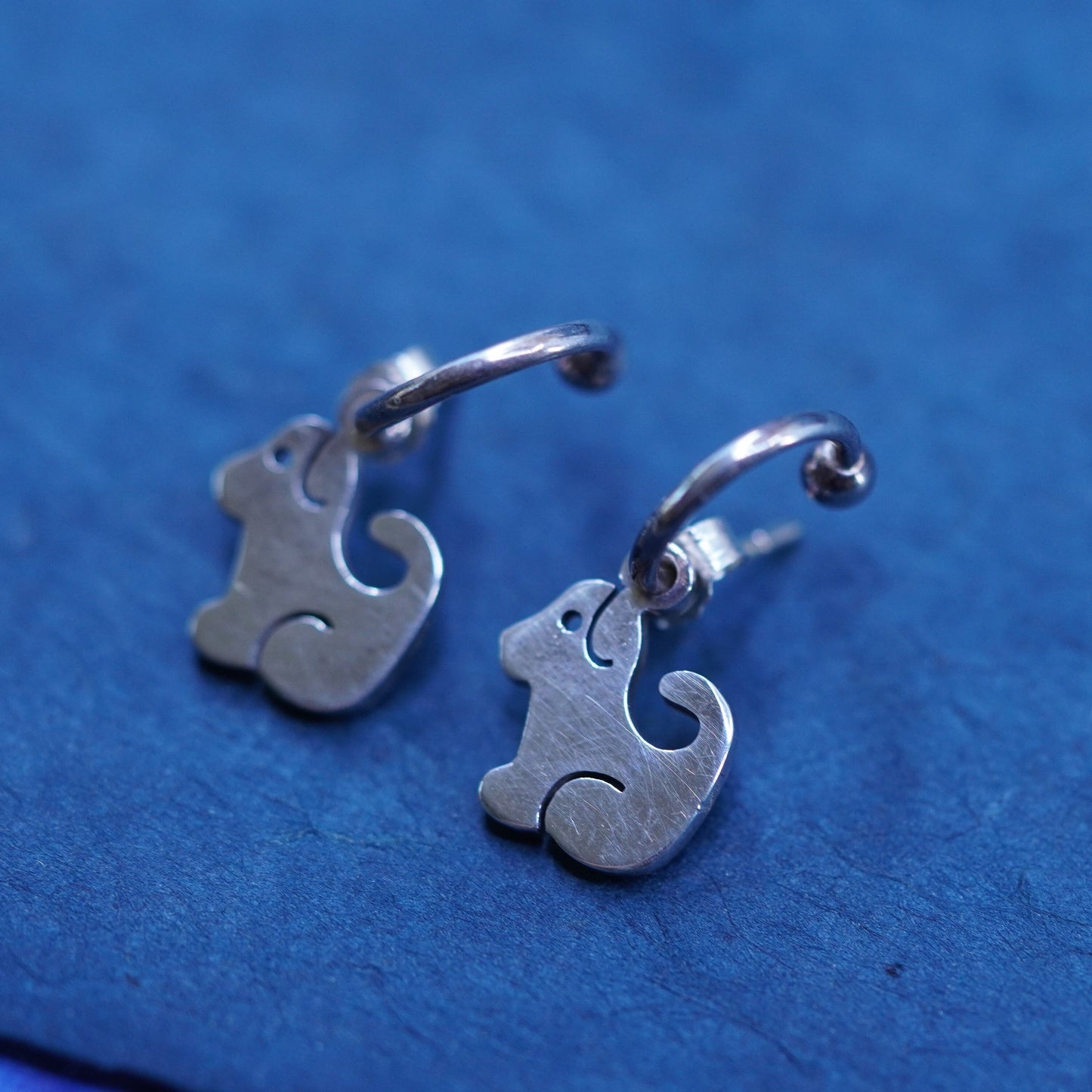 0.5”, Sterling silver handmade earrings, 925 hoops w/ dog puppy charms, huggie