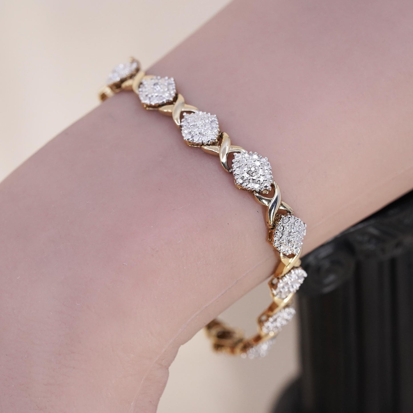 7.25”, vermeil gold over sterling silver tennis bracelet 925 XOXO chain diamond