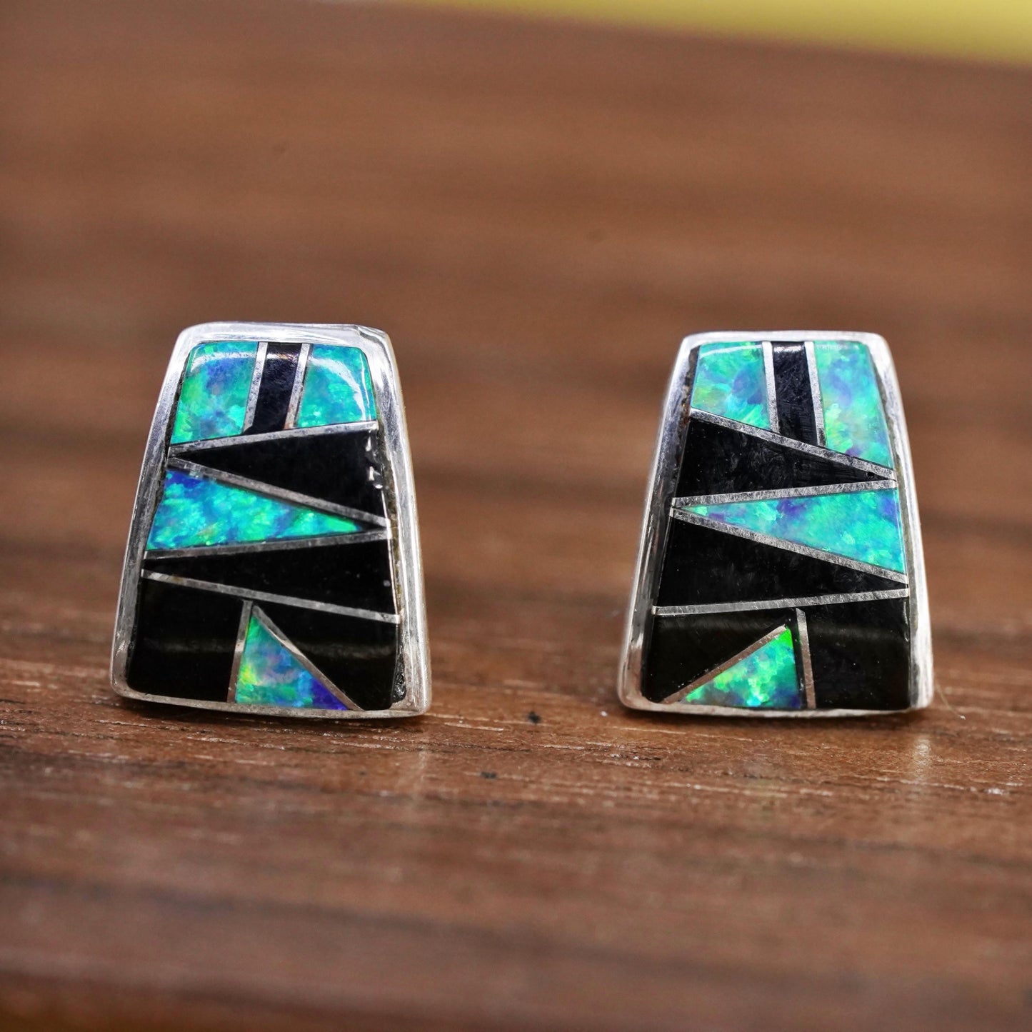 Native American Sterling 925 silver handmade zuni studs earrings onyx opal