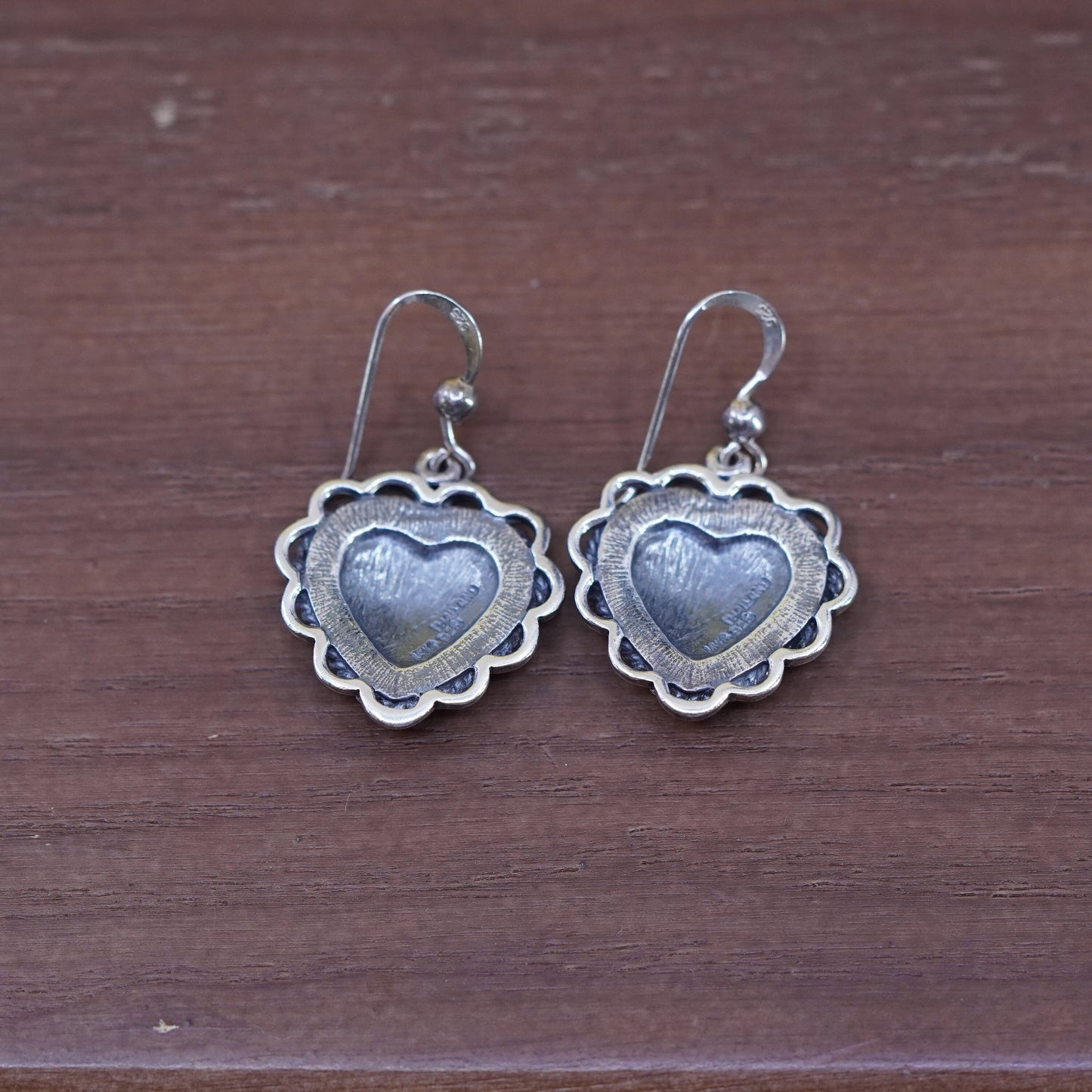 Vintage Sterling silver handmade earrings, textured 925 heart drops