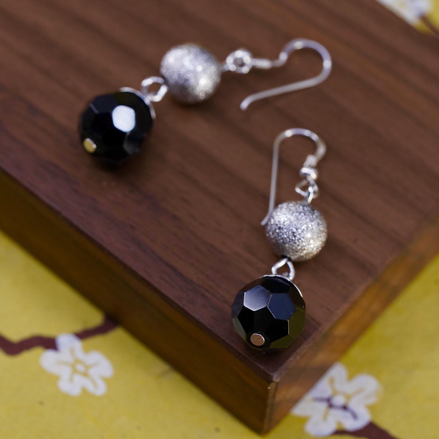Vintage Sterling 925 silver handmade earrings with glitering onyx beads