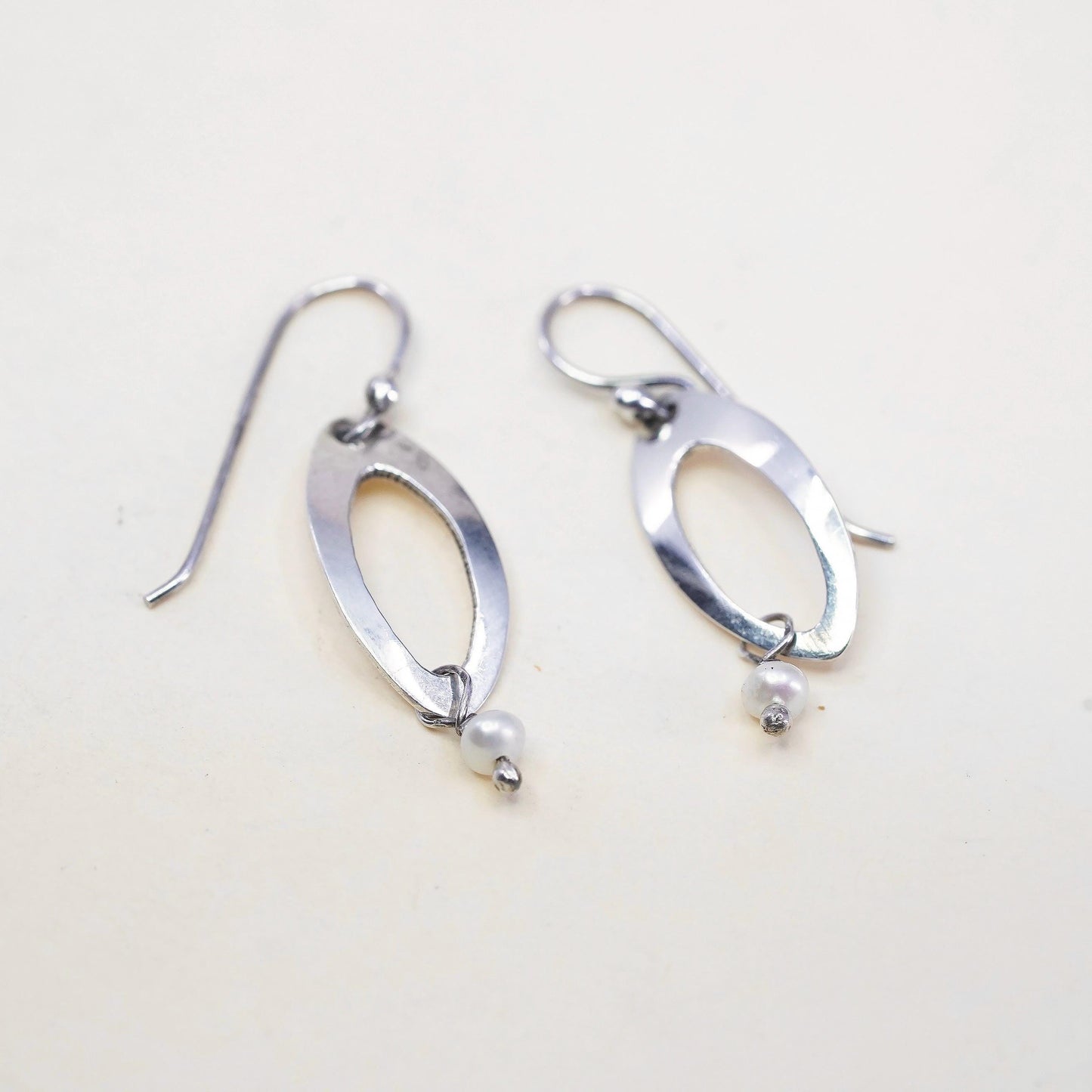 Vintage sterling 925 silver handmade marquise shaped earrings w/ pearl dangles