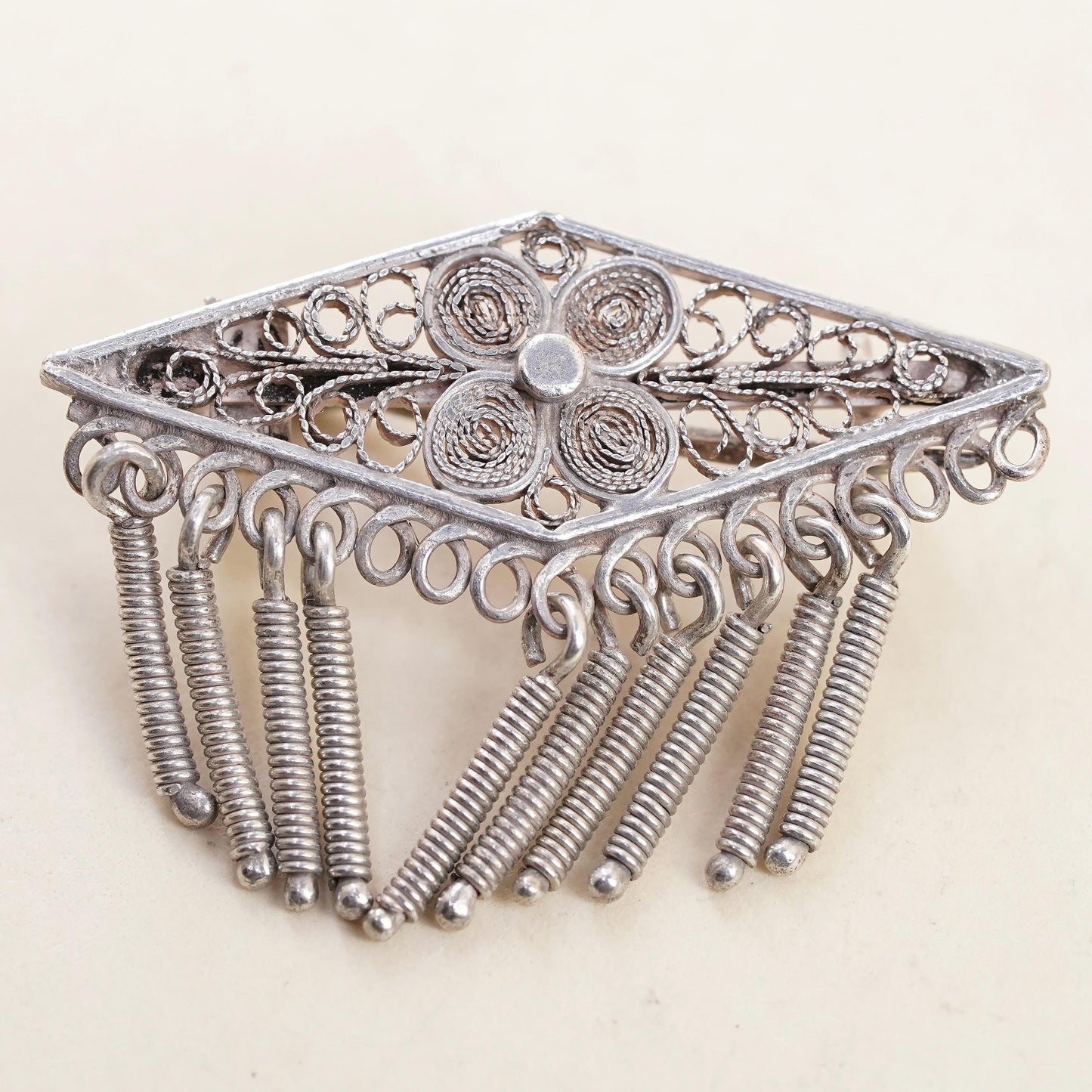 Vintage Sterling silver handmade brooch, 925 filigree pin with fringe