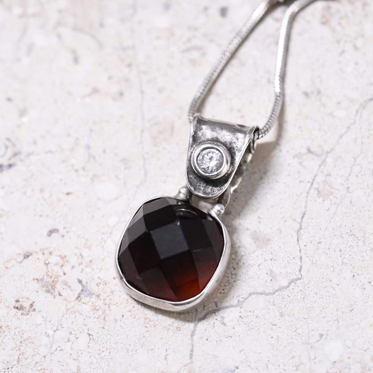 16”, Retired Silpada Sterling Silver Garnet Smoky Topaz CZ Pendant Necklace