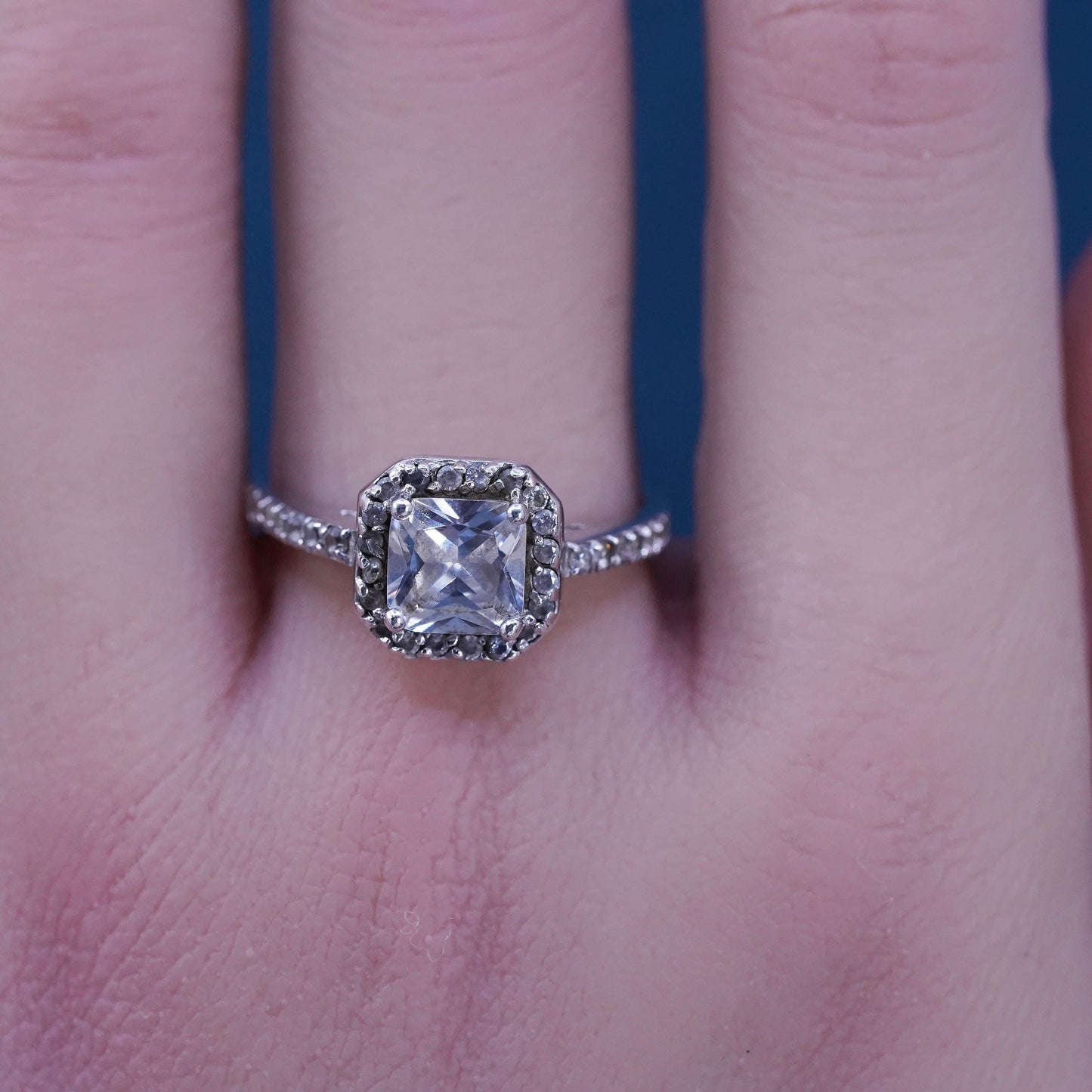 Size 8.25, vintage Sterling 925 silver engagement ring with cluster Cz around