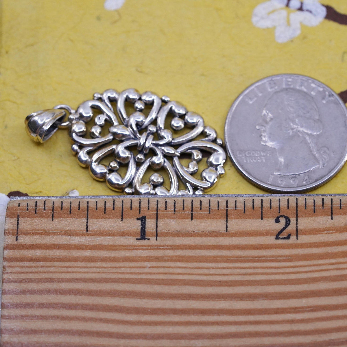 Sterling Silver 925 Filigree Ornate Fleur de Lis Scrollwork Pendant, Openwork