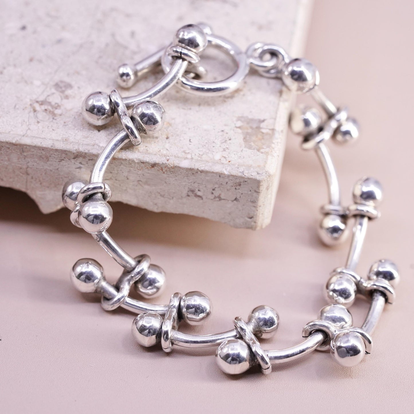 6.5”, vintage Sterling silver bracelet, 925 ball bar link chain toggle closure
