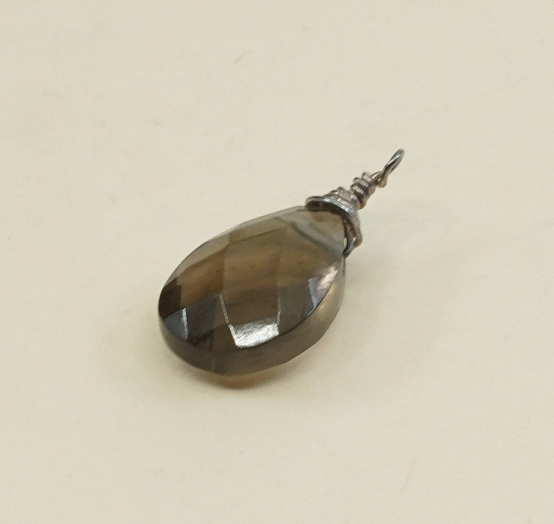 Sterling silver pendant, solid 925 silver with teardrop shaped smoky topaz