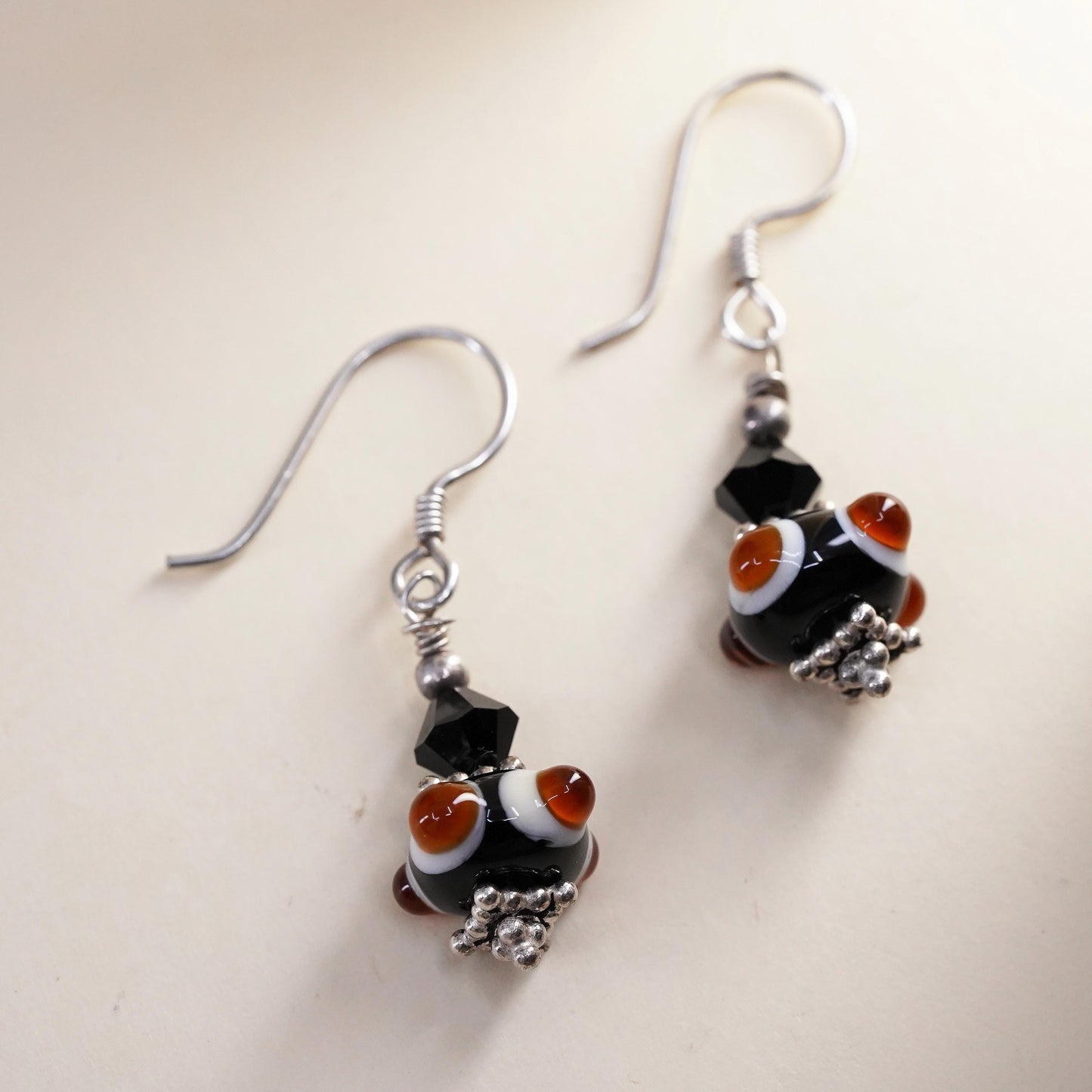 Vintage Sterling silver handmade earrings, 925 hooks with glass beads