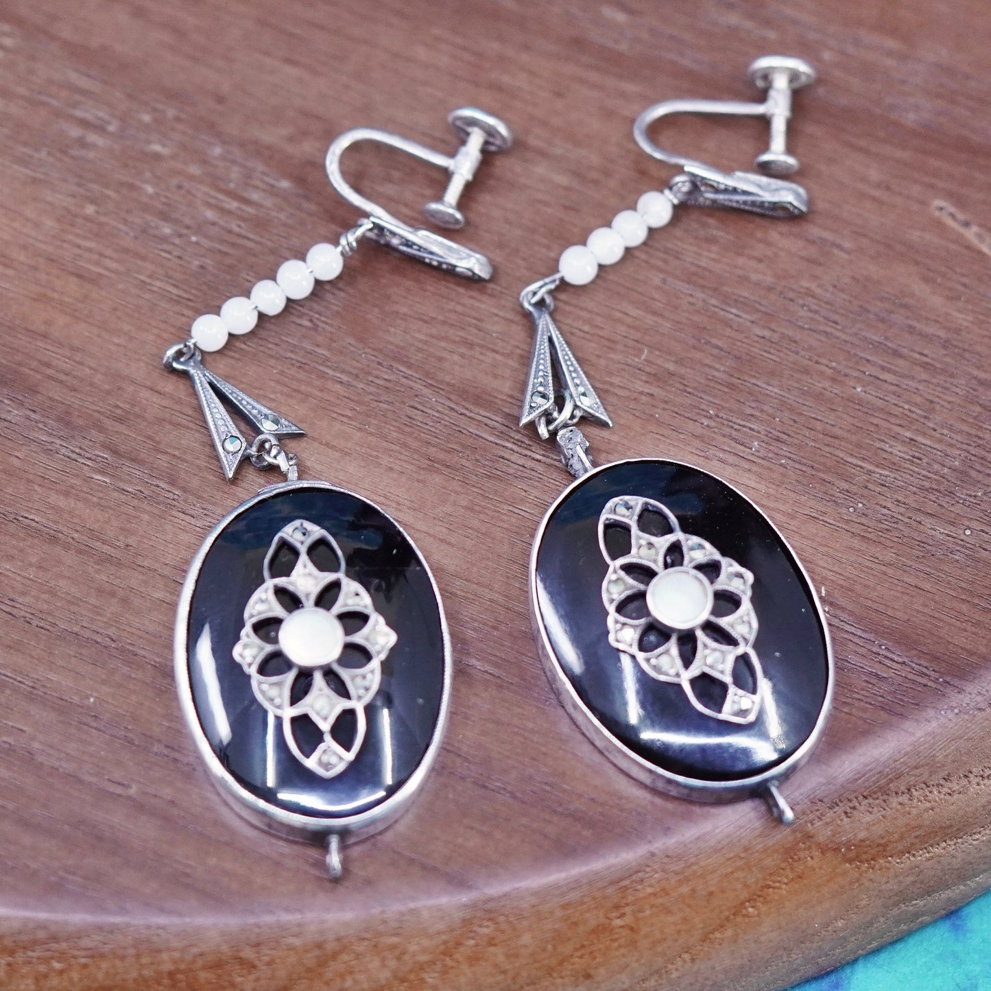 Sterling silver 925 handmade screw back earrings oval black onyx and marcasite