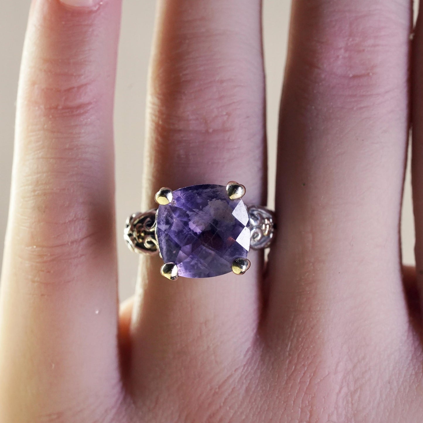 Size 7, two tone Sterling silver textured ring amethyst 14K yellow gold beads
