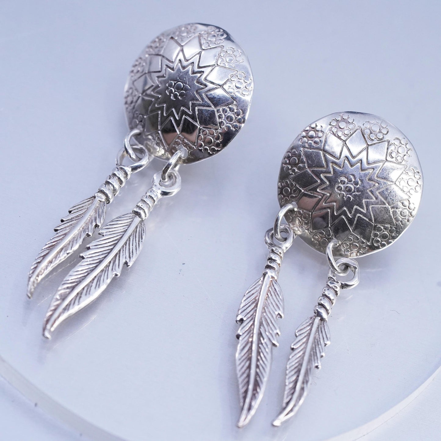 Native American Earson Sterling silver earrings, 925 disc feather dangles