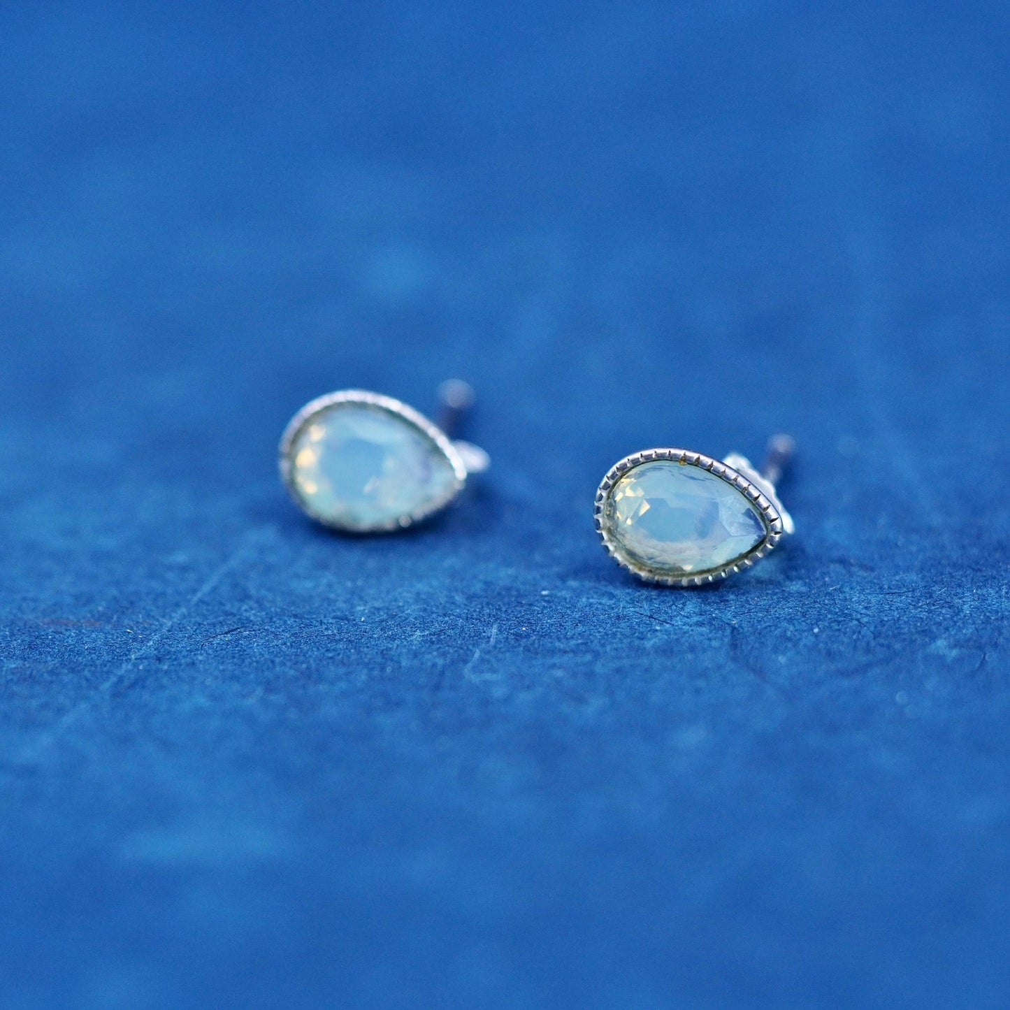 Vintage sterling silver handmade earrings, 925 heart studs with moonstone