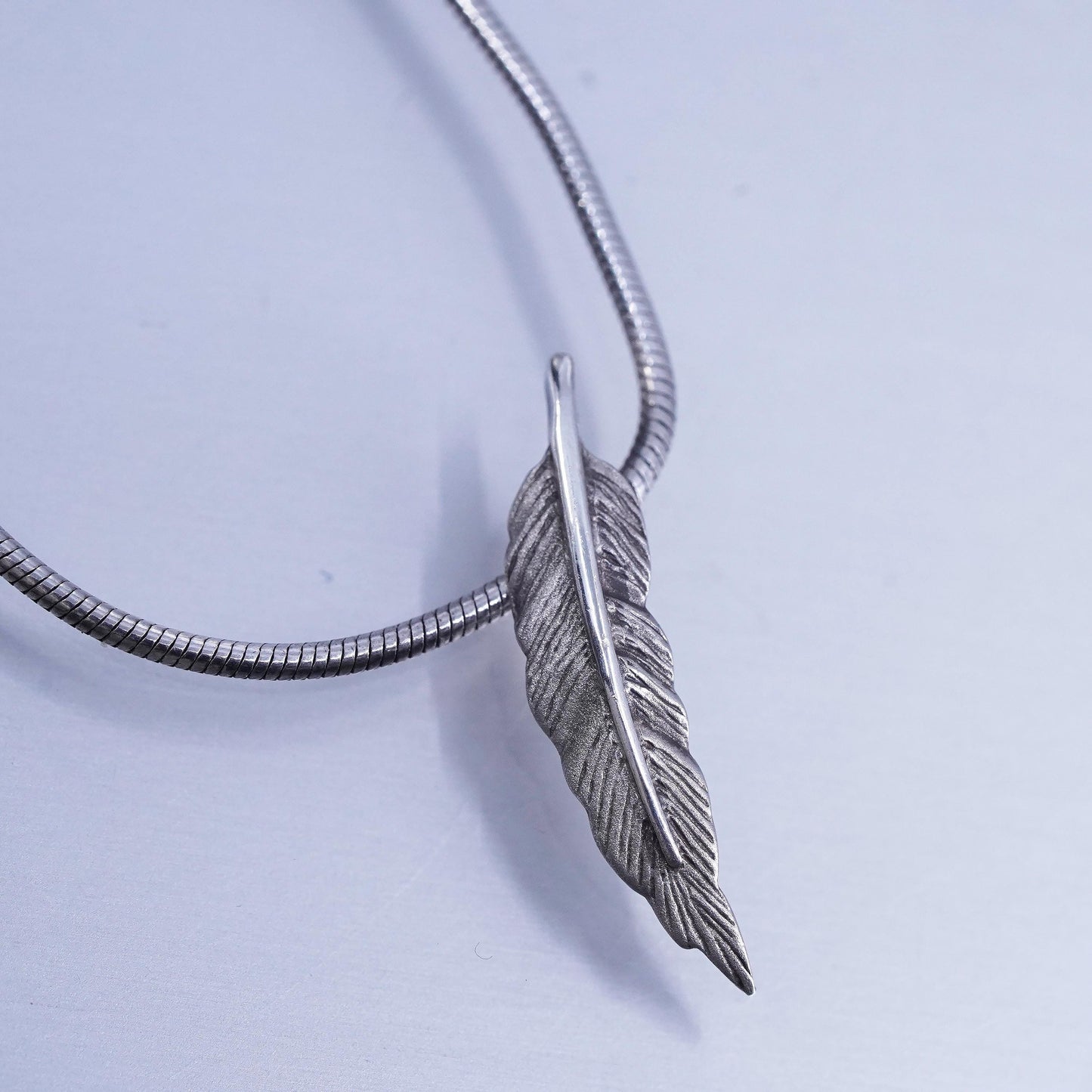 16”, vintage Sterling 925 silver handmade snake chain necklace feather pendant