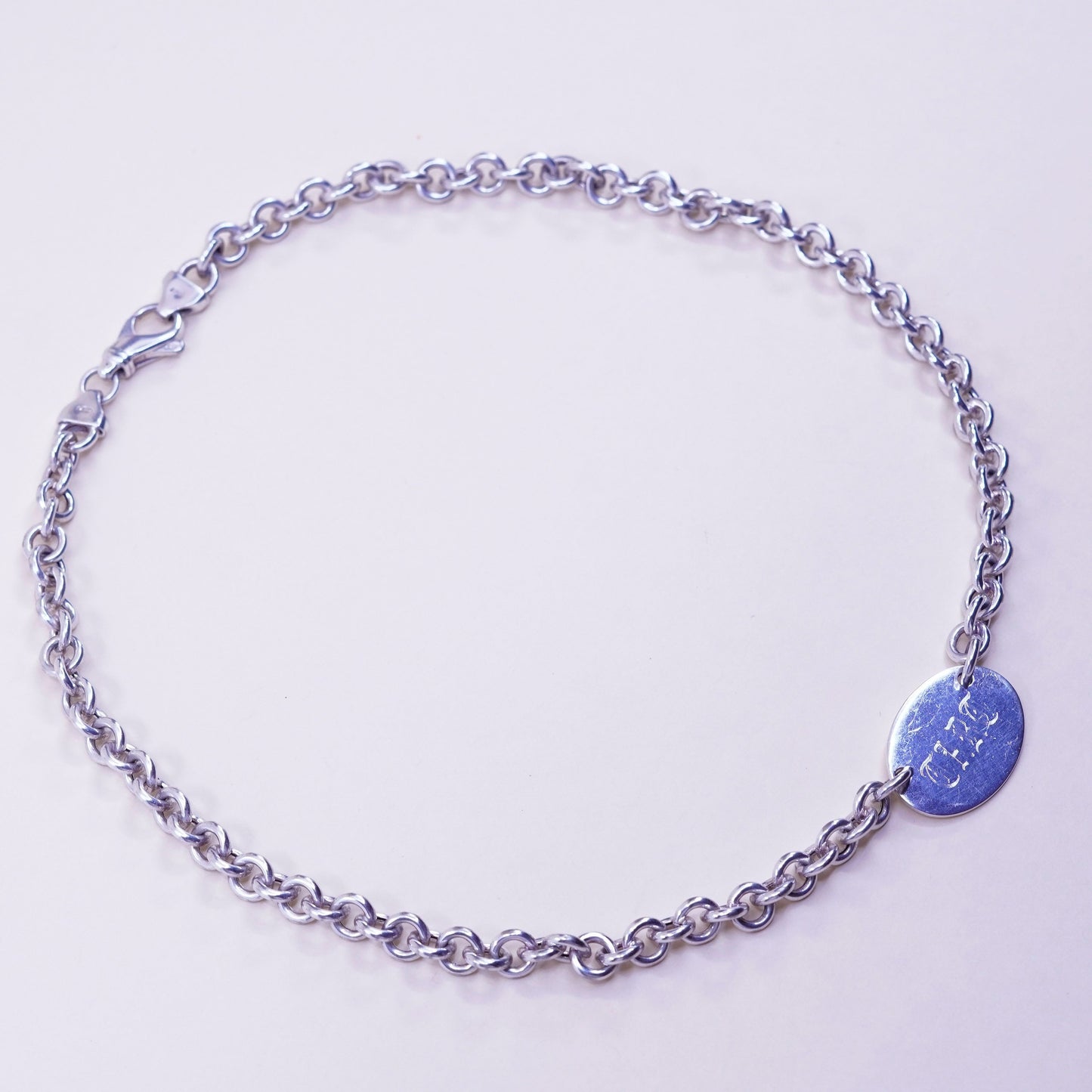 17” 7mm, vintage sterling silver handmade necklace, 925 circle chain with tag embossed “Dard” pendant, stamped 925 Italy