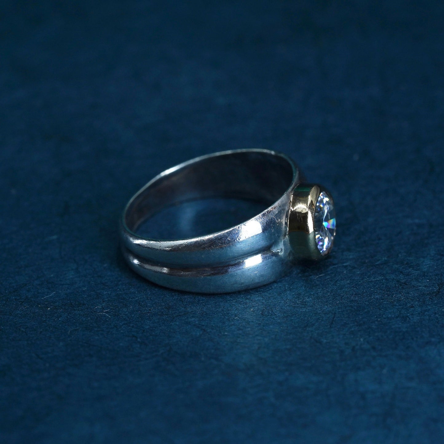 Size 5.5, vintage two tone Sterling 925 silver handmade engagement ring with cz