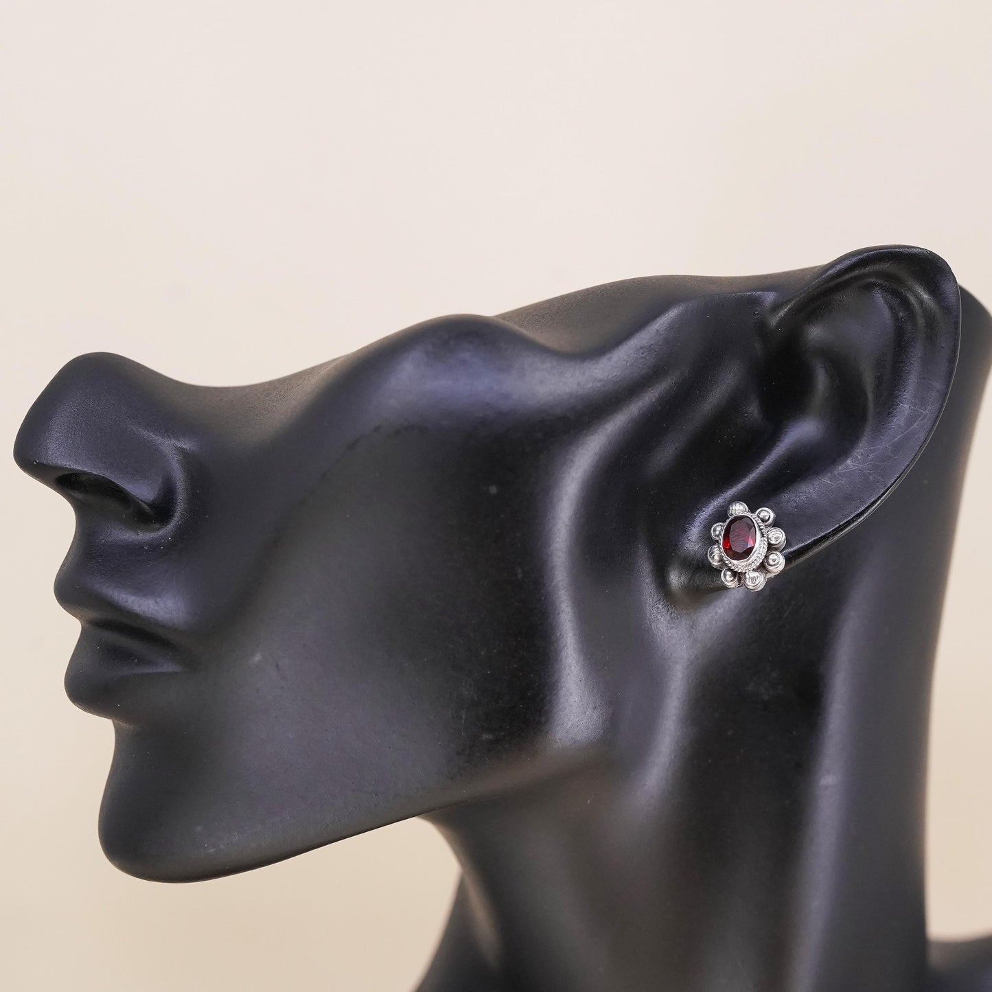 Vintage handmade single earring. Sterling 925 silver stud with garnet