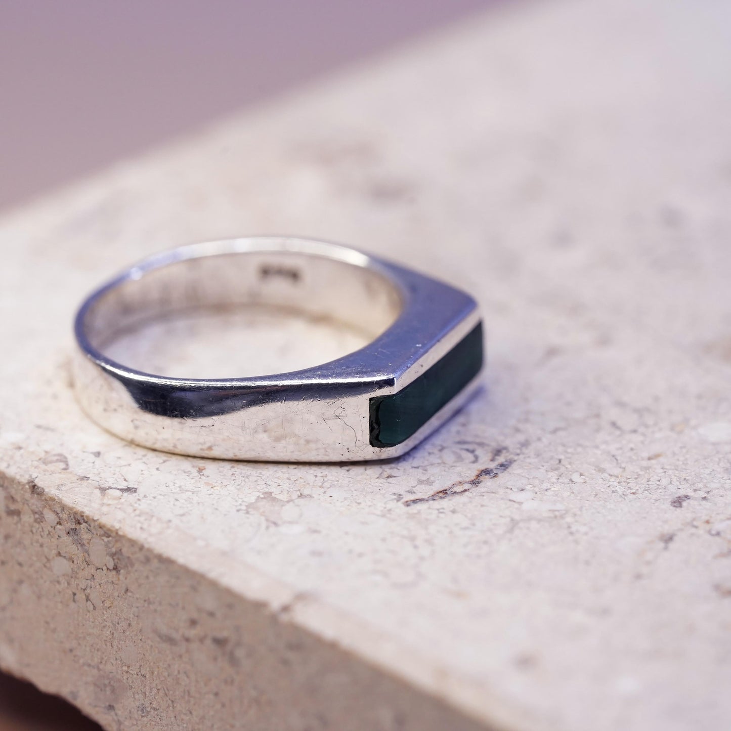 Size 7.25, vintage Sterling silver engagement ring, 925 band with malachite