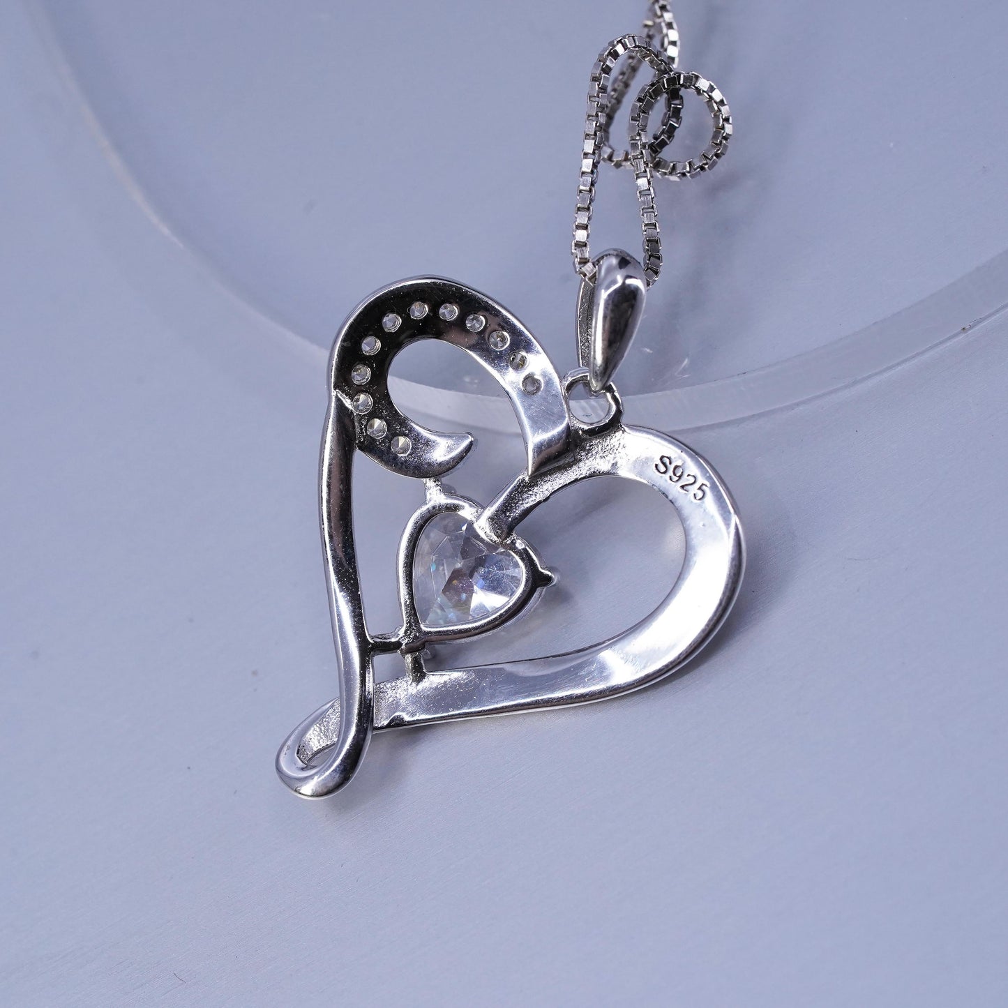 18+1”, Sterling 925 silver box necklace cz heart pendant “always in my heart”