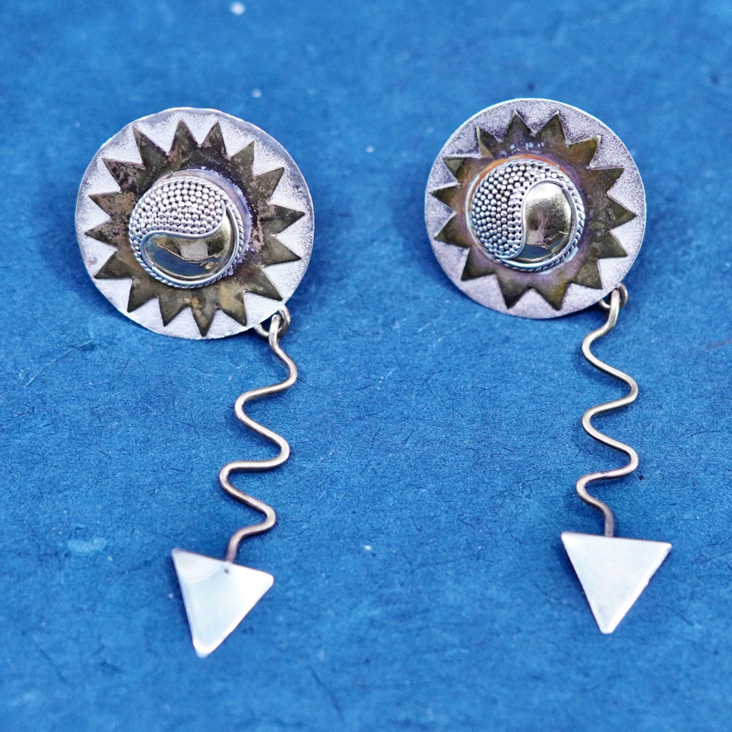 Vintage two tone Sterling silver handmade earrings, 925 sun studs w/ brass trim