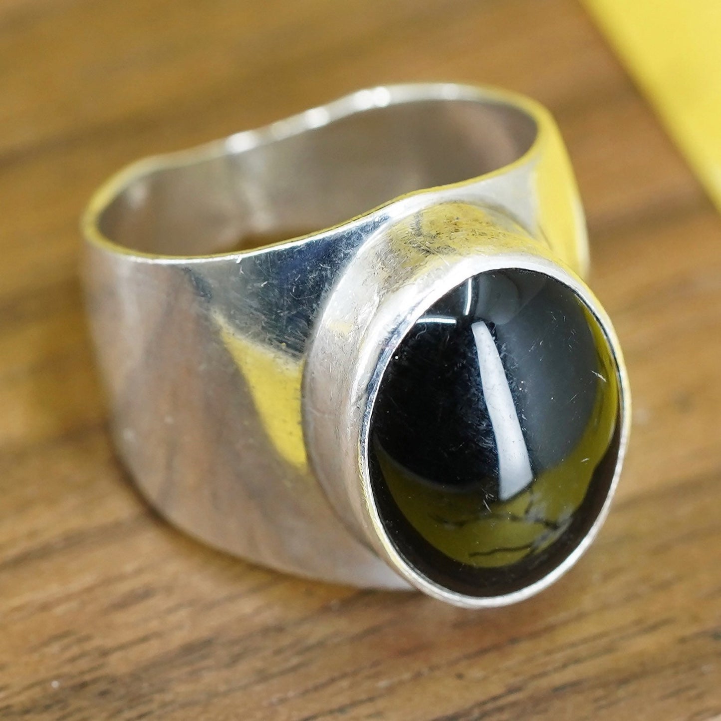 Size 7.75, Native American MKP Sterling 925 silver handmade ring onyx inlay