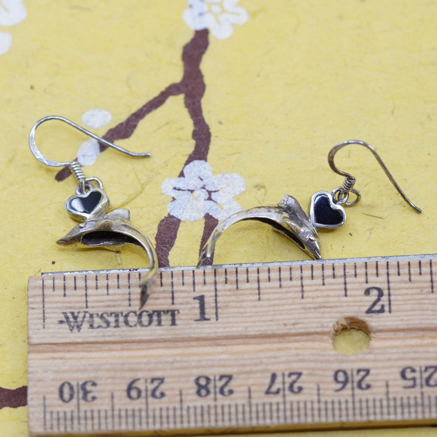 Vintage Sterling silver handmade earrings, 925 dolphin dangle w/ obsidian heart