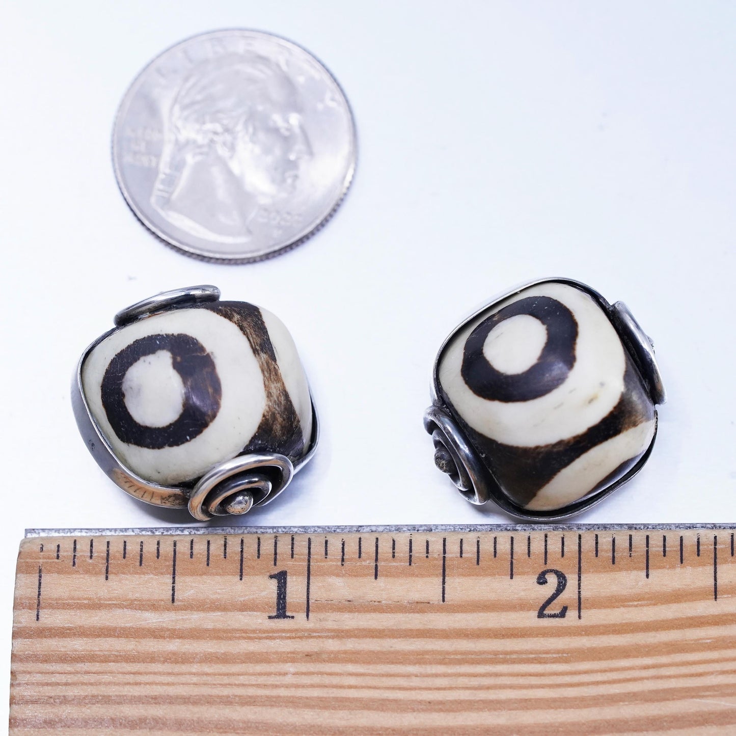 Artisan SIGNED David Sterling 925 Silver Handmade Dzi Gemstone Clip Earrings