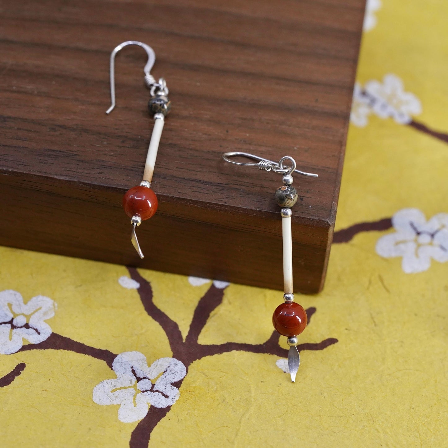 Vintage Sterling silver handmade earrings, 925 hooks with Jasper beads