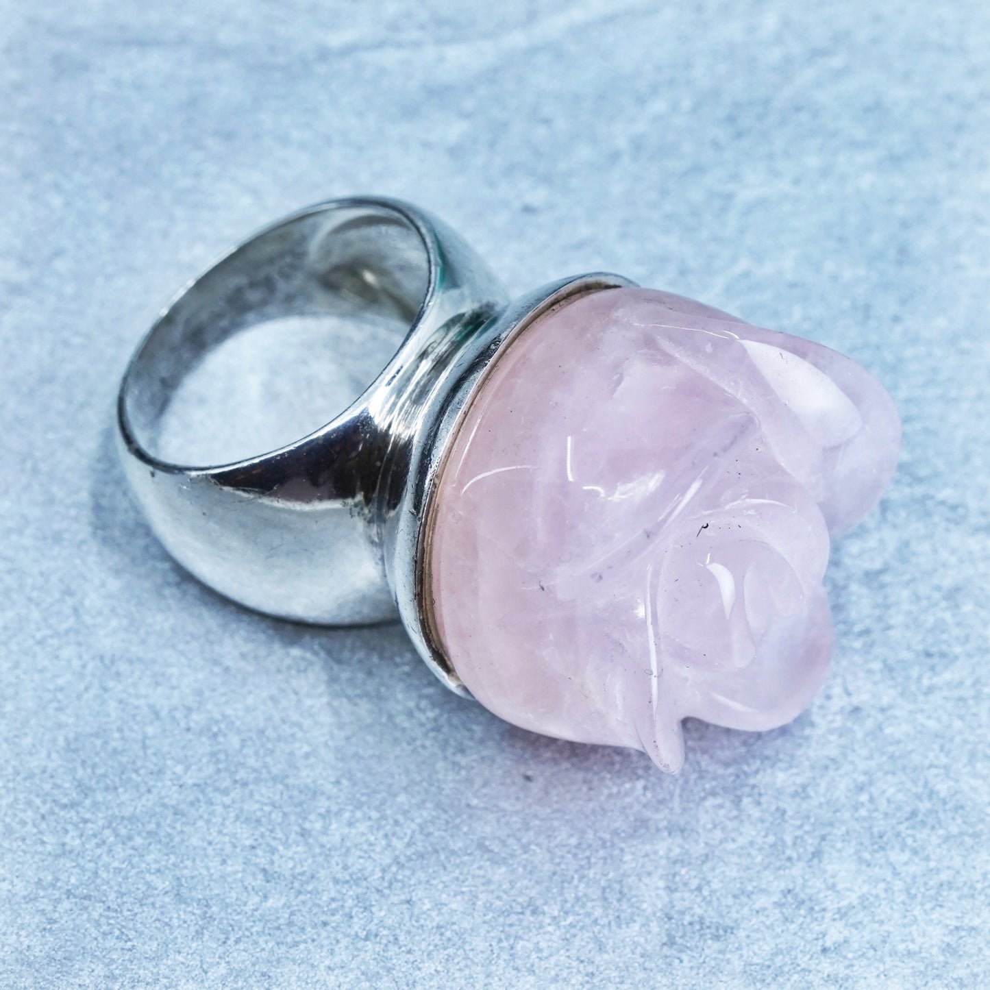 Size 7, Sterling 925 silver statement band ring with rose flower pink quartz