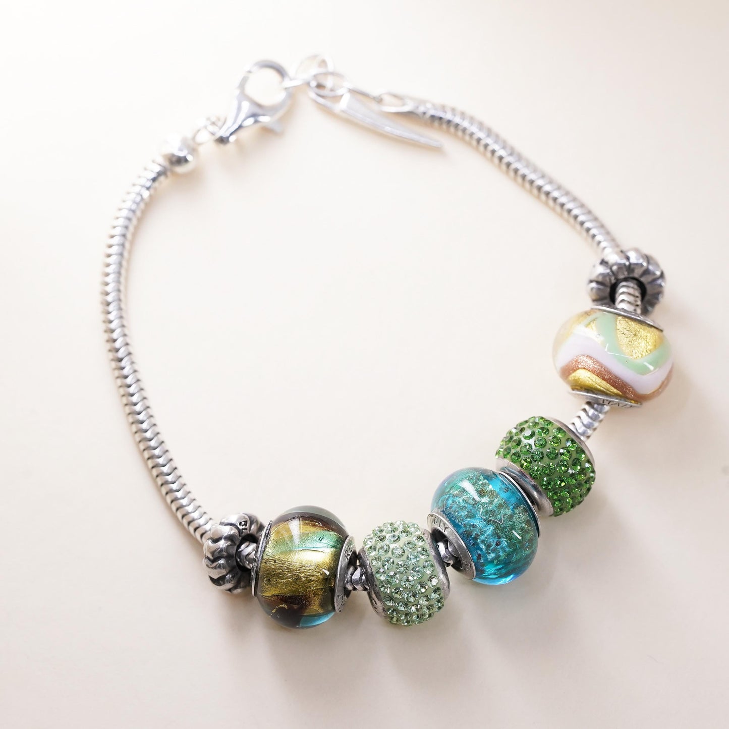 7.5", Ralph Lauren RL Sterling silver bracelet, 925 snake 5 green bead charms