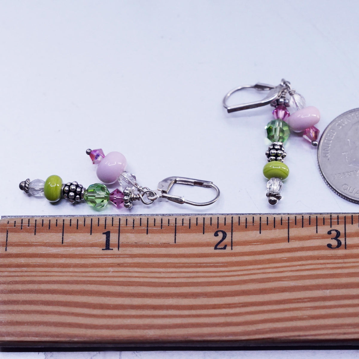 Vinatge sterling silver earrings, 925 lever back hooks with pink green beads