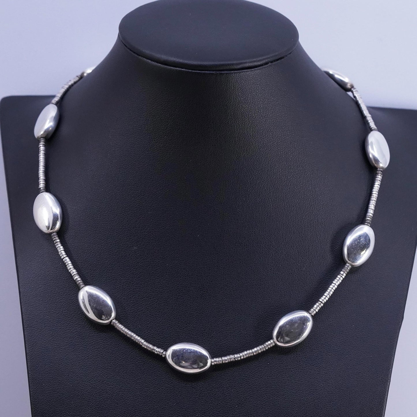 18", vintage Native American Sterling silver heishi necklace w/ 925 oval beads