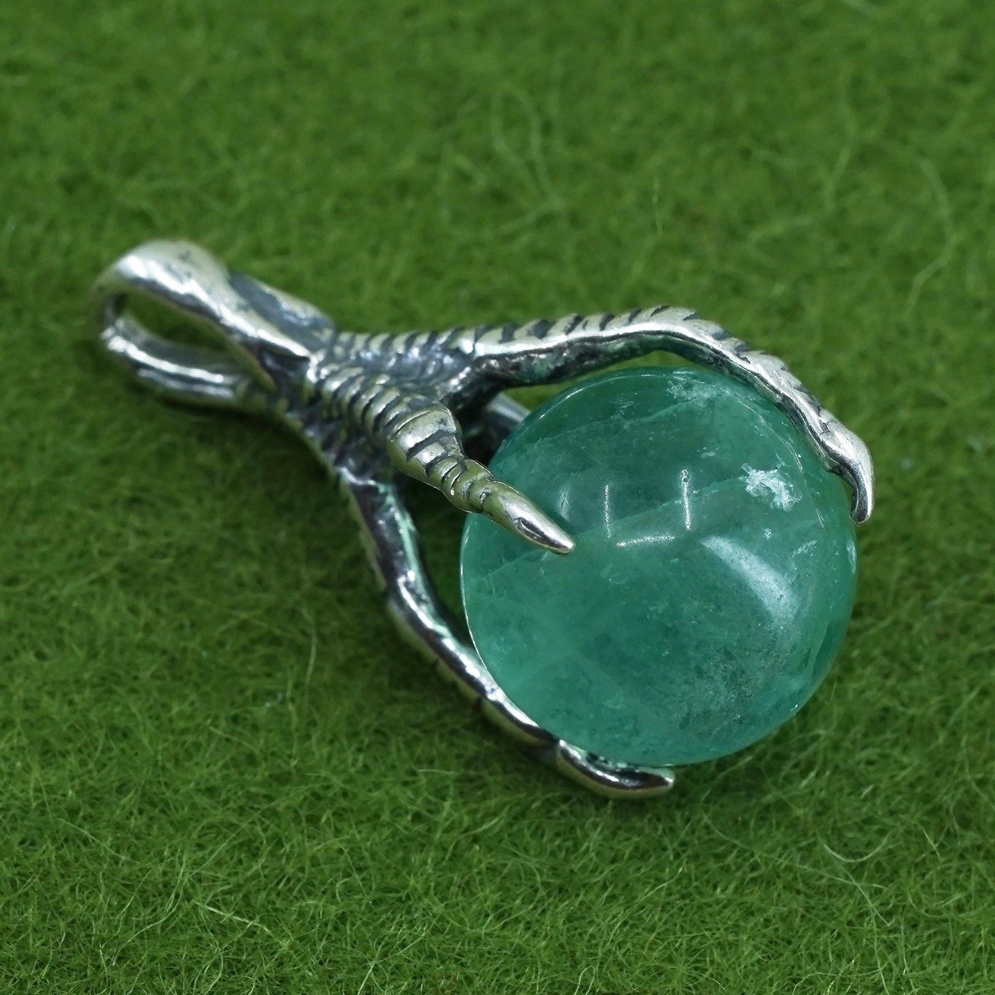 Vintage sterling silver 925 handmade dragon claw pendant with jade bead