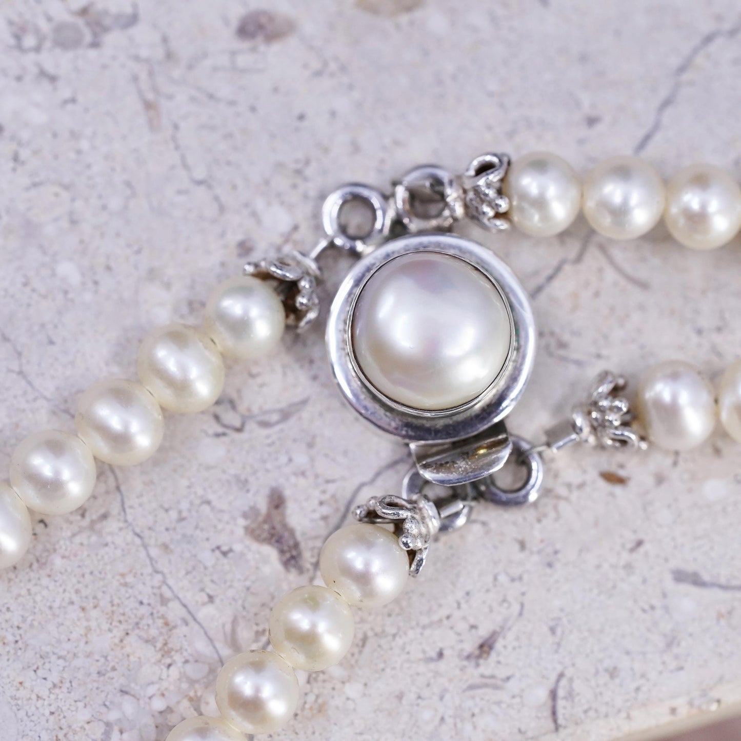 17", Sterling 925 silver double strands necklace 6mm white freshwater pearls