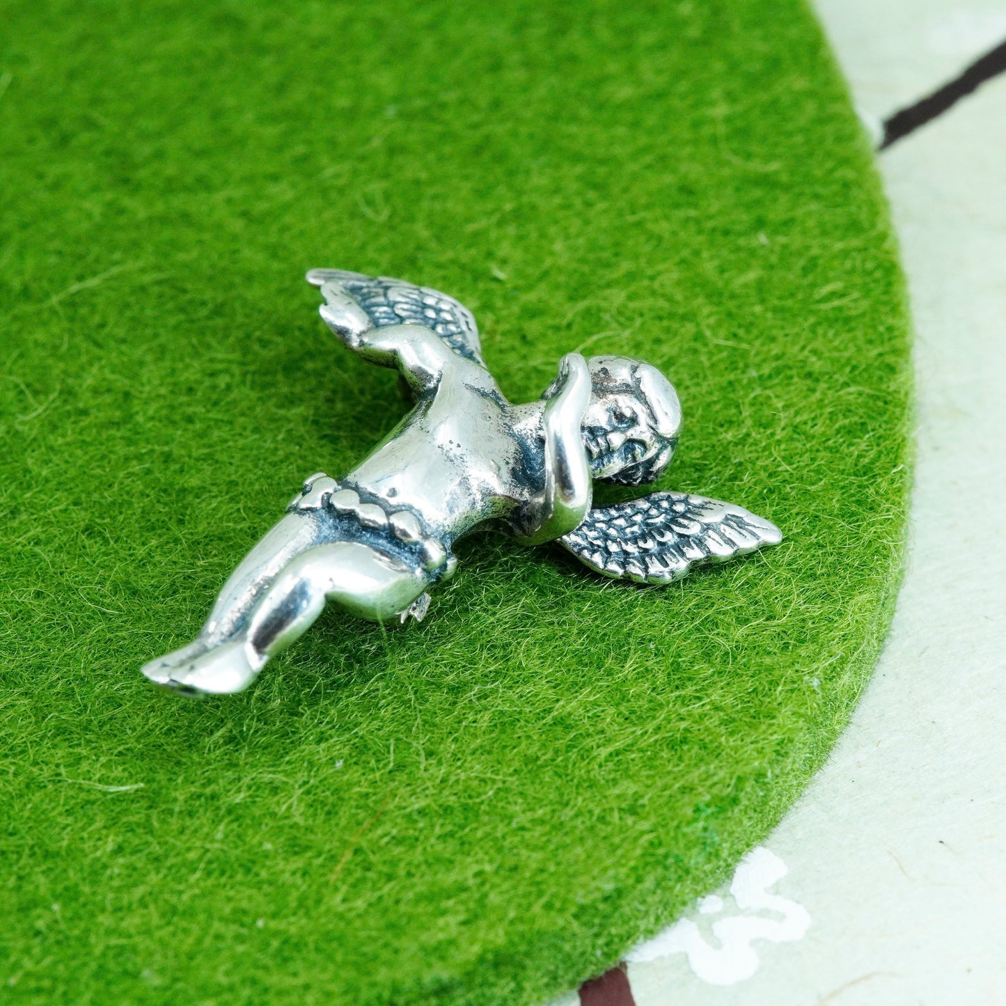 Vintage Sterling silver vintage handmade angel brooch, solid 925 silver pendant