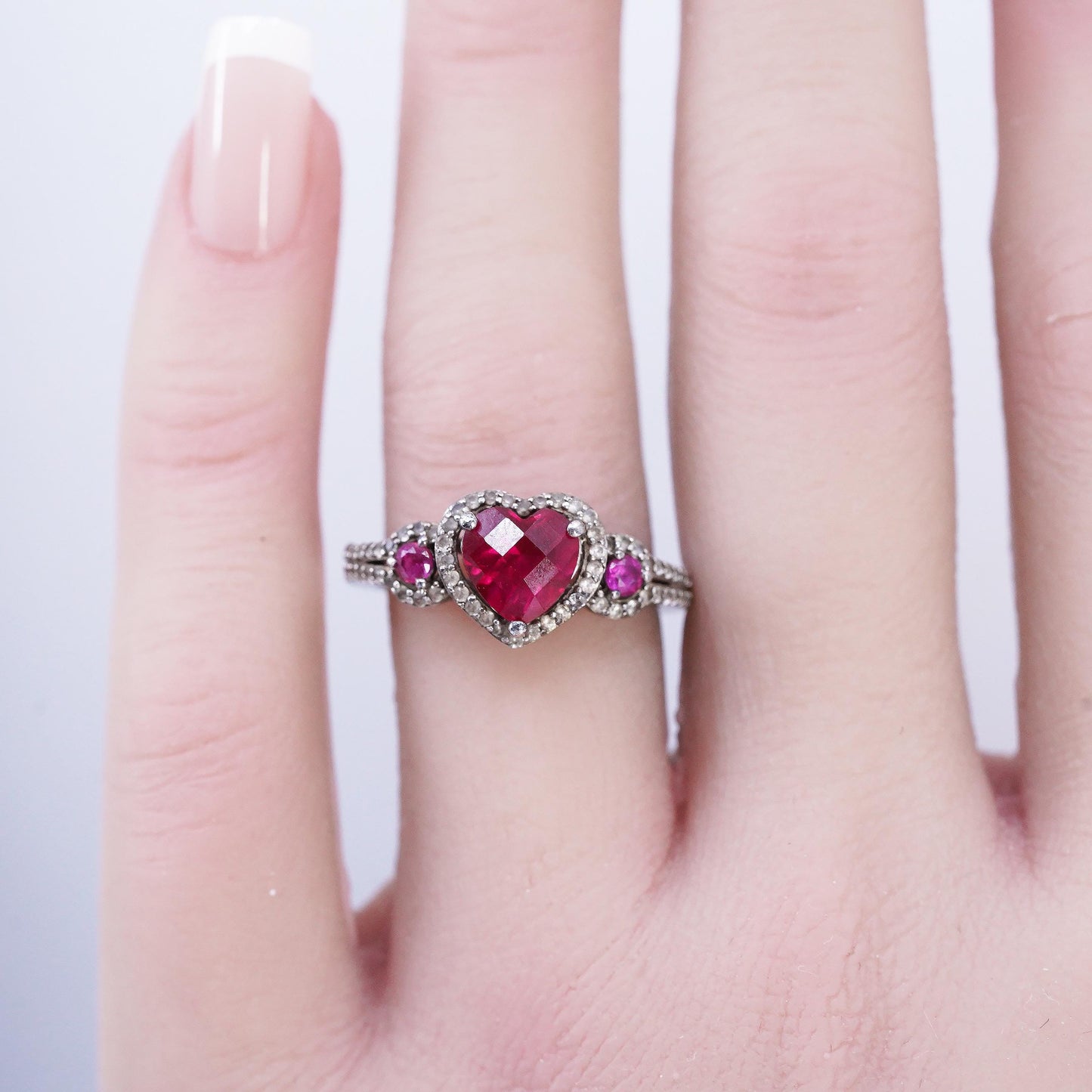 Size 7, PM 925 Sterling Silver Ruby Diamond Heart Ring, July Promise Heart Halo
