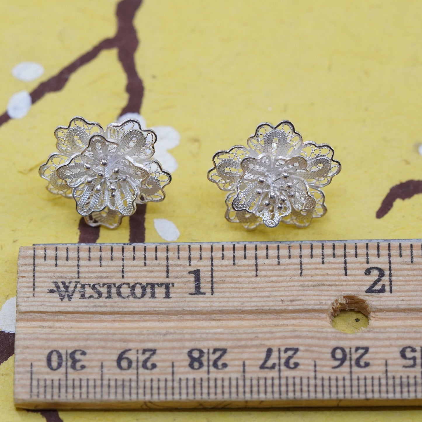 Vintage Sterling silver handmade earrings, filigree 925 heart studs