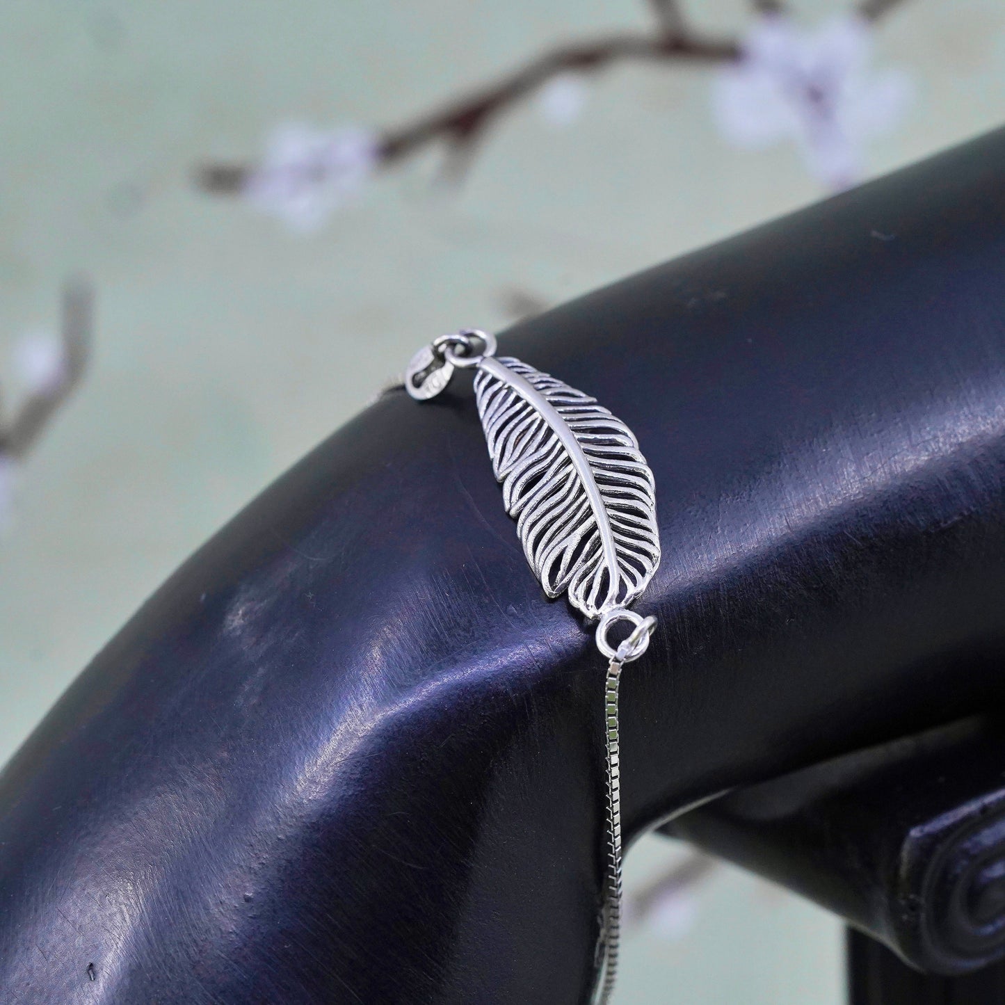 Size adjustable, sterling silver box chain, 925 bracelet with feather charm