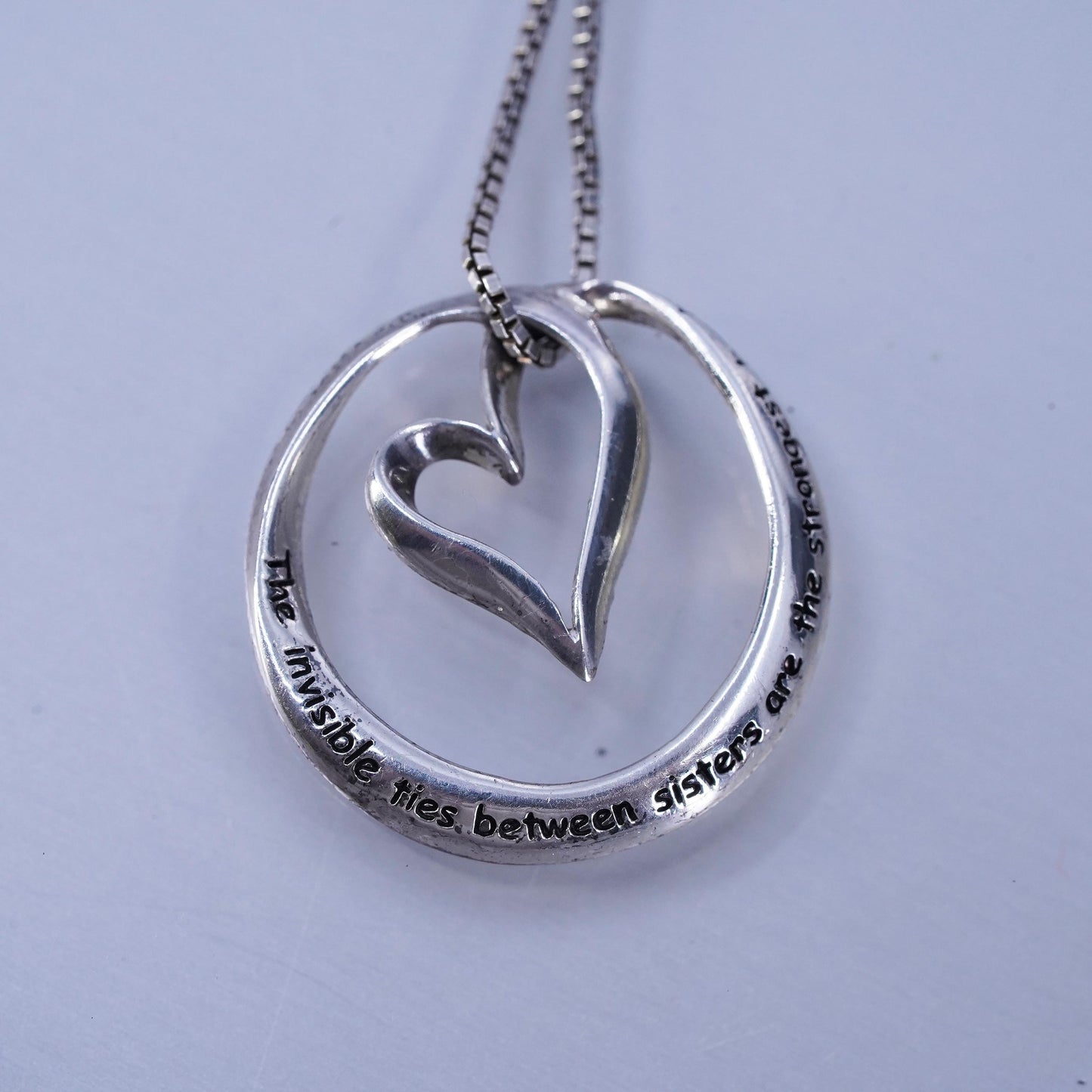 18”, vintage Sterling 925 silver handmade box necklace with heart pendant