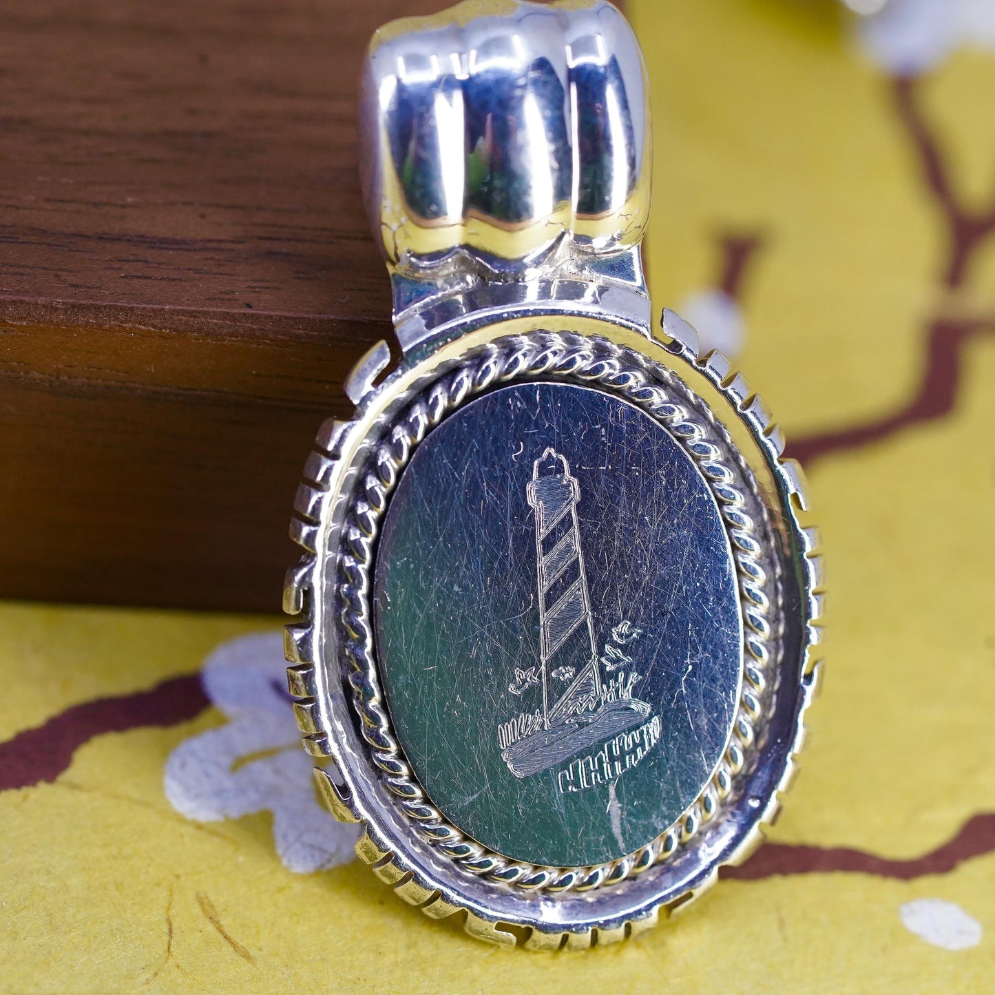 southwestern sterling silver pendant, 925 pendant engraved lighthouse cable
