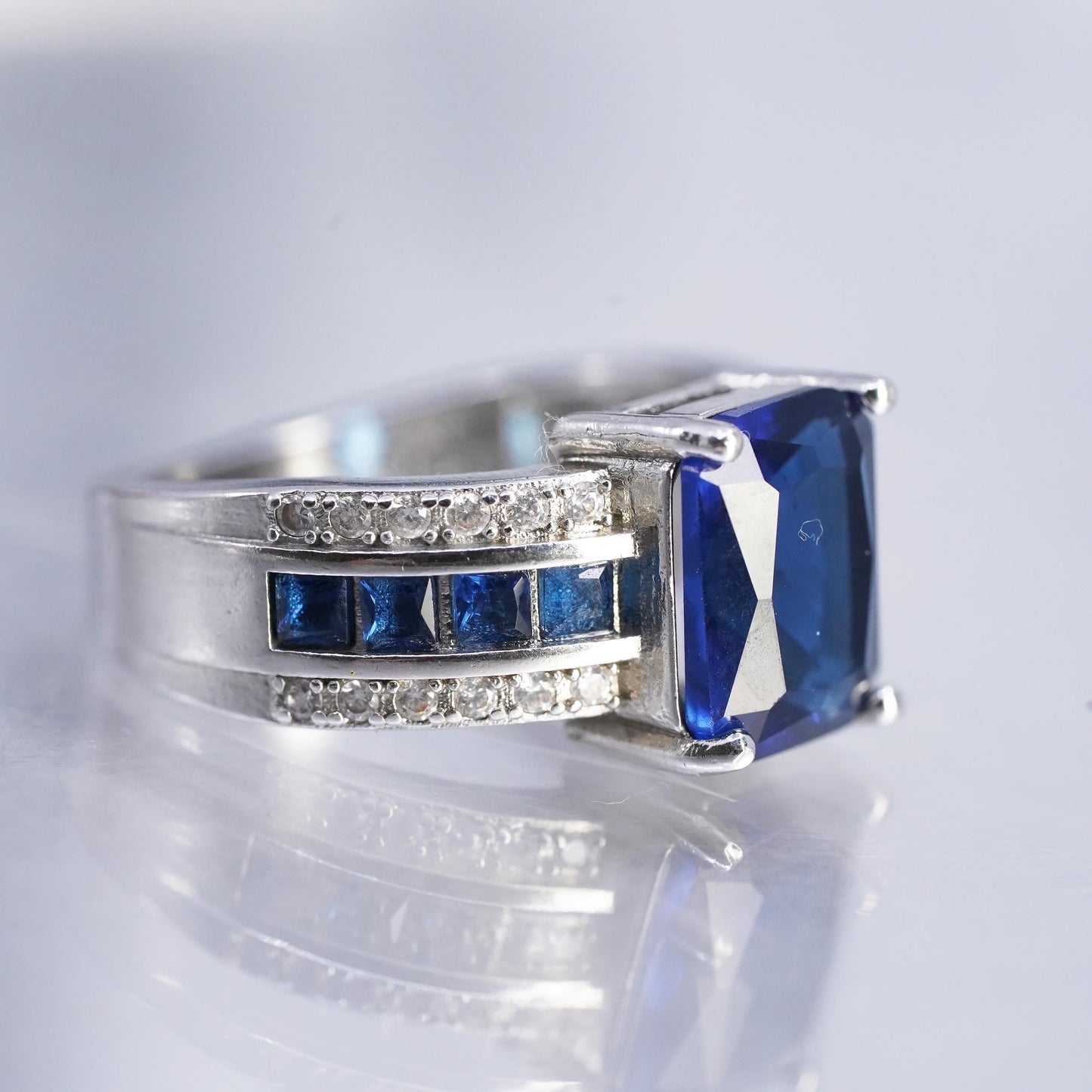 size 6, Sterling Silver Ring, 925 Ring emerald cut blue Sapphire glass cz