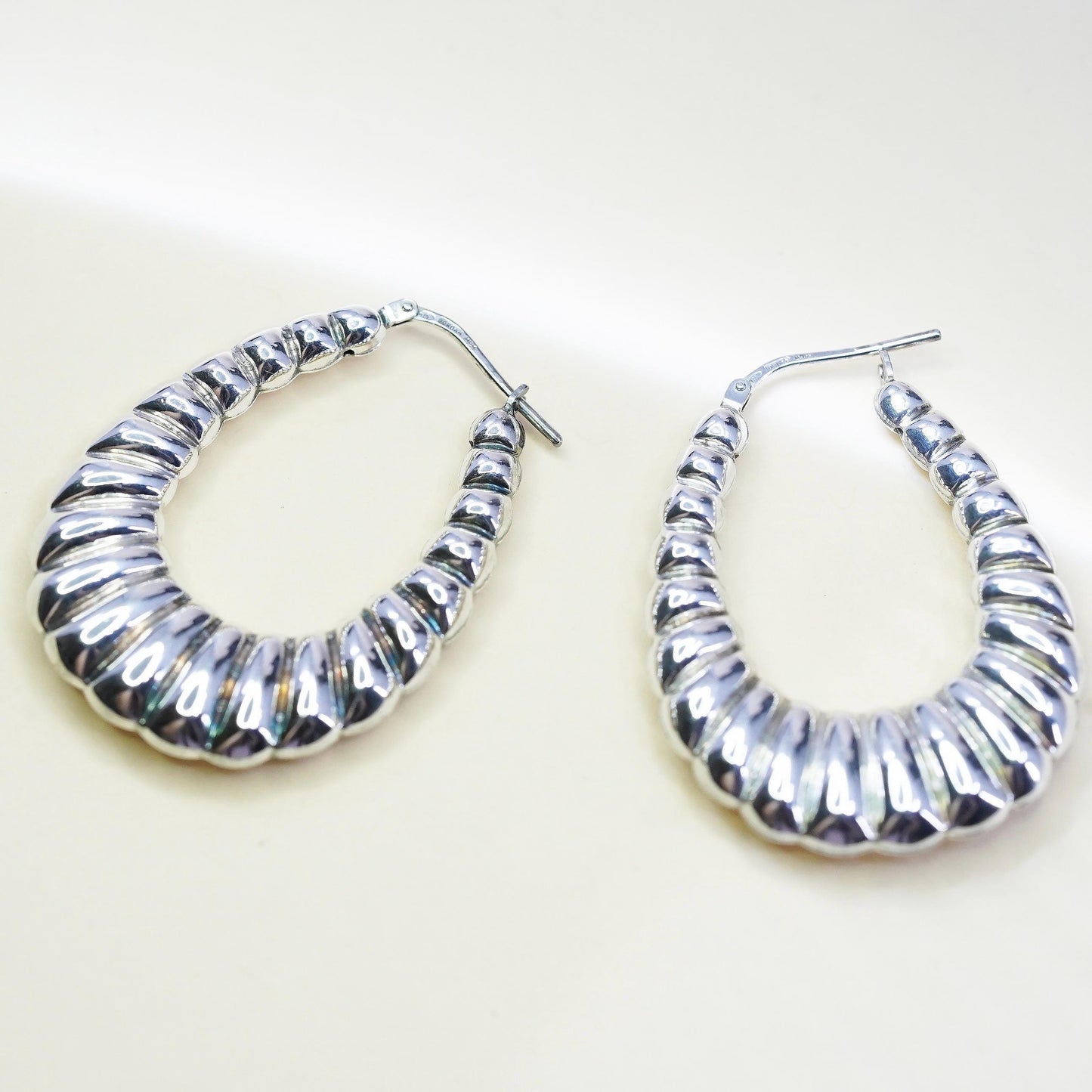 1.5”, Vintage Jordan 925 Sterling Silver Ribbed Hoops, Large Teardrop Earrings,