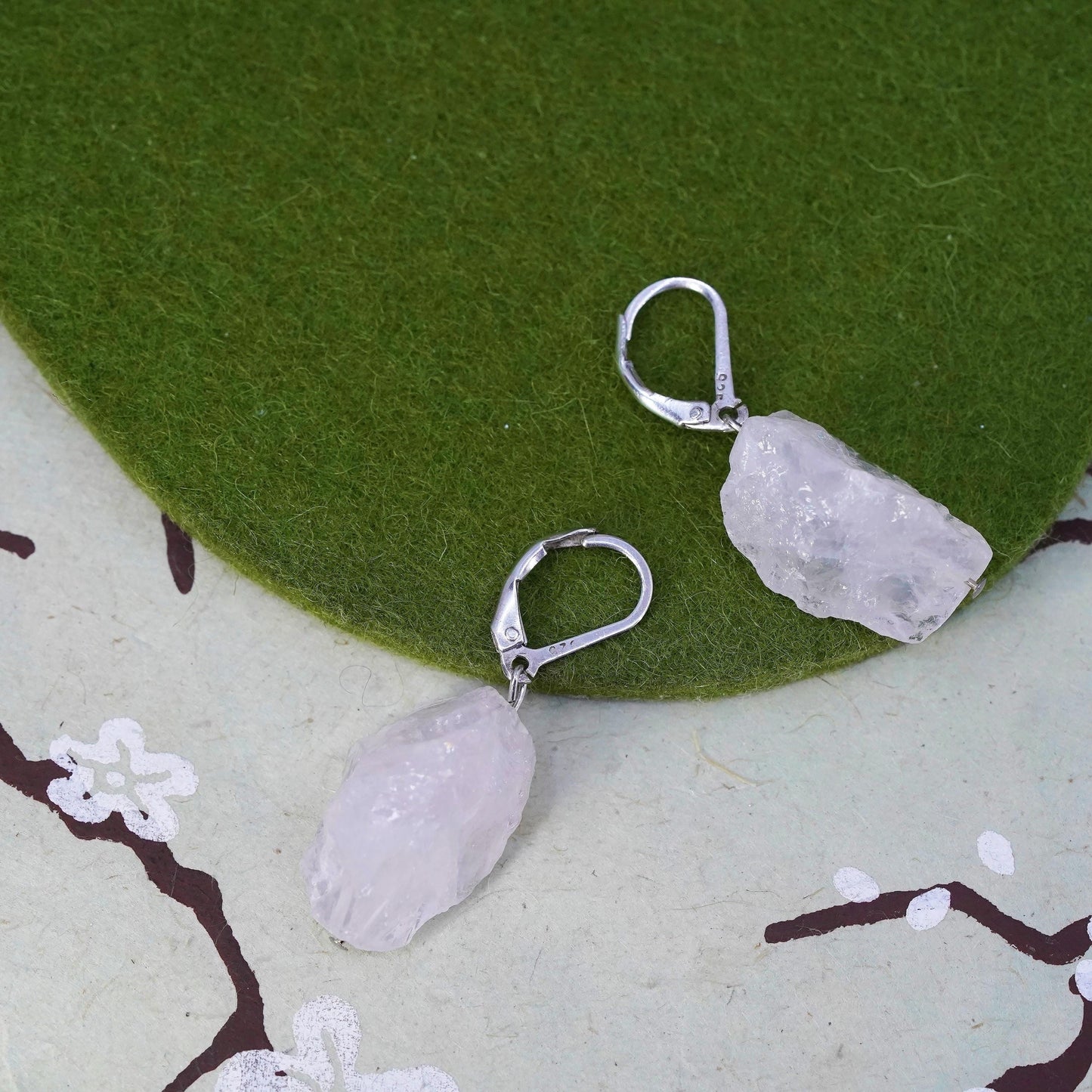 Vintage Sterling 925 silver handmade earrings with nugget pink quartz