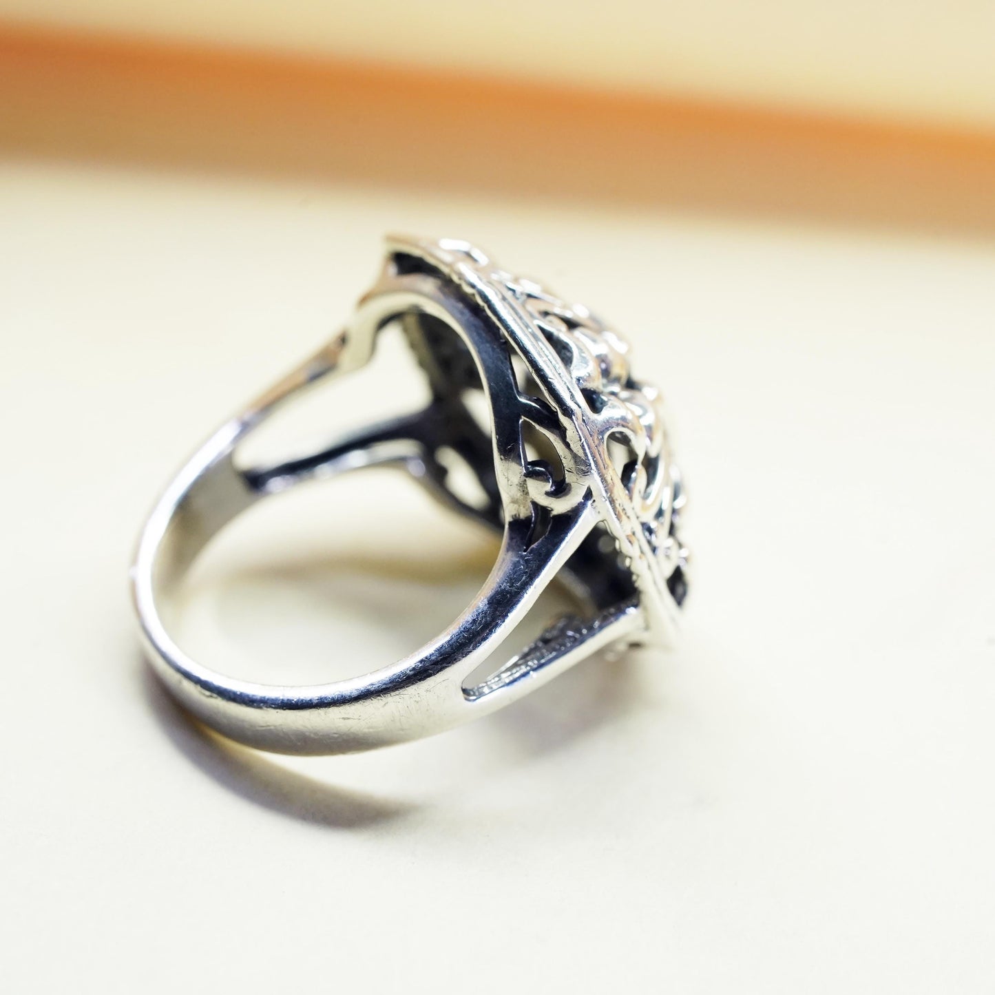 Size 6.25, vintage Sterling silver handmade ring, 925 filigree flower band