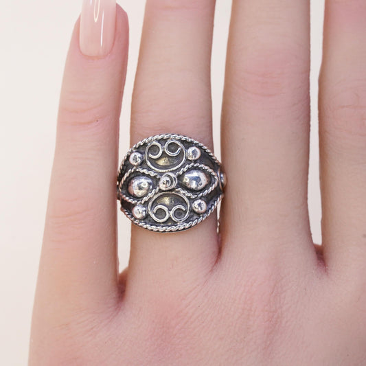 Size 8, Mexican Sterling Silver Balinese Ring, Ornate Swirl Oxidized Wide Band